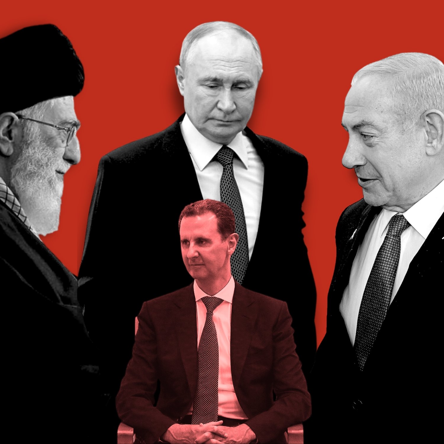 در این تصویر، چهار شخصیت سیاسی مهم به نمایش درآمده‌اند. در سمت چپ، یک فرد با کلاهی مشکی و ریش سفید قرار دارد که نمایانگر مقام مذهبی است. در کنار او، مردی با کت و کراوات تیره نیز دیده می‌شود که حالتی جدی دارد. در سمت راست، مرد دیگری با کت و کراوات روشن نشسته است و به نظر می‌رسد که توجهش به فرد دیگر در تصویر جذب شده است. پس‌زمینه تصویر قرمز است و به نظر می‌رسد که این افراد در حال انجام گفت‌وگو یا تعامل هستند.