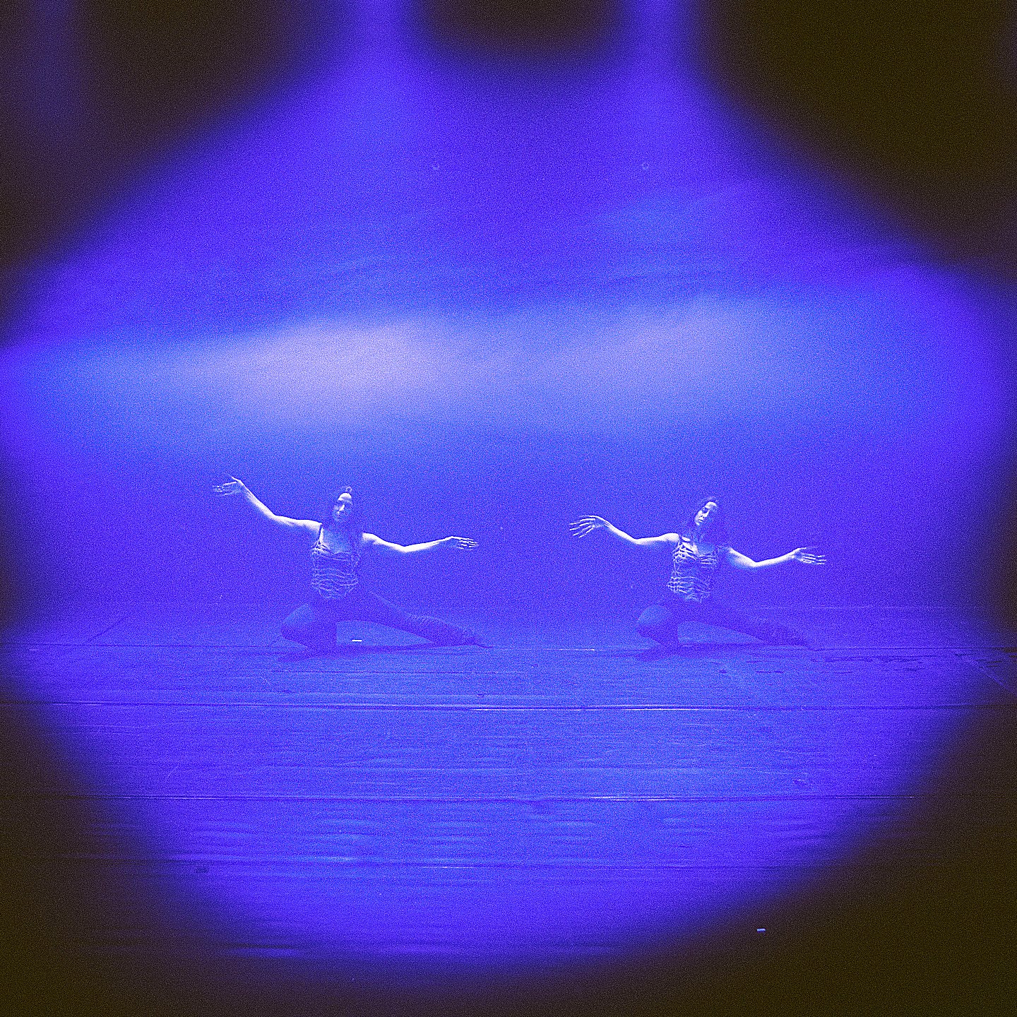 L'image montre deux danseurs sur scène, éclairés par des lumières bleues et violettes. Ils semblent en pleine performance, avec des mouvements expressifs et gracieuses, se trouvant dans un environnement sombre. La lumière crée une atmosphère dramatique, mettant en avant leur gestuelle et l'intensité de leur performance. Le décor est simple, ce qui permet aux danseurs de captiver toute l'attention.