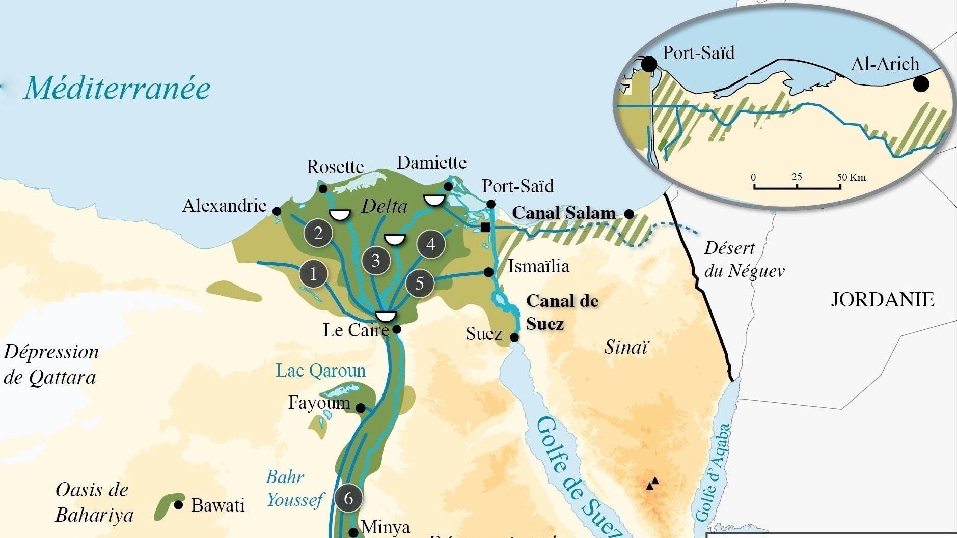 L'image est une carte géographique mettant en évidence la région du delta du Nil en Égypte. On peut y voir plusieurs villes importantes, telles qu'Alexandrie, Port-Saïd, et Suez, ainsi que des voies d'eau et des canaux, y compris le Canal de Suez. Une petite carte en haut à droite indique la localisation de cette région par rapport aux pays voisins, comme la Jordanie et le désert oriental. Des lignes et des symboles semblent représenter des routes et des infrastructures, caractérisant la géographie du lieu.