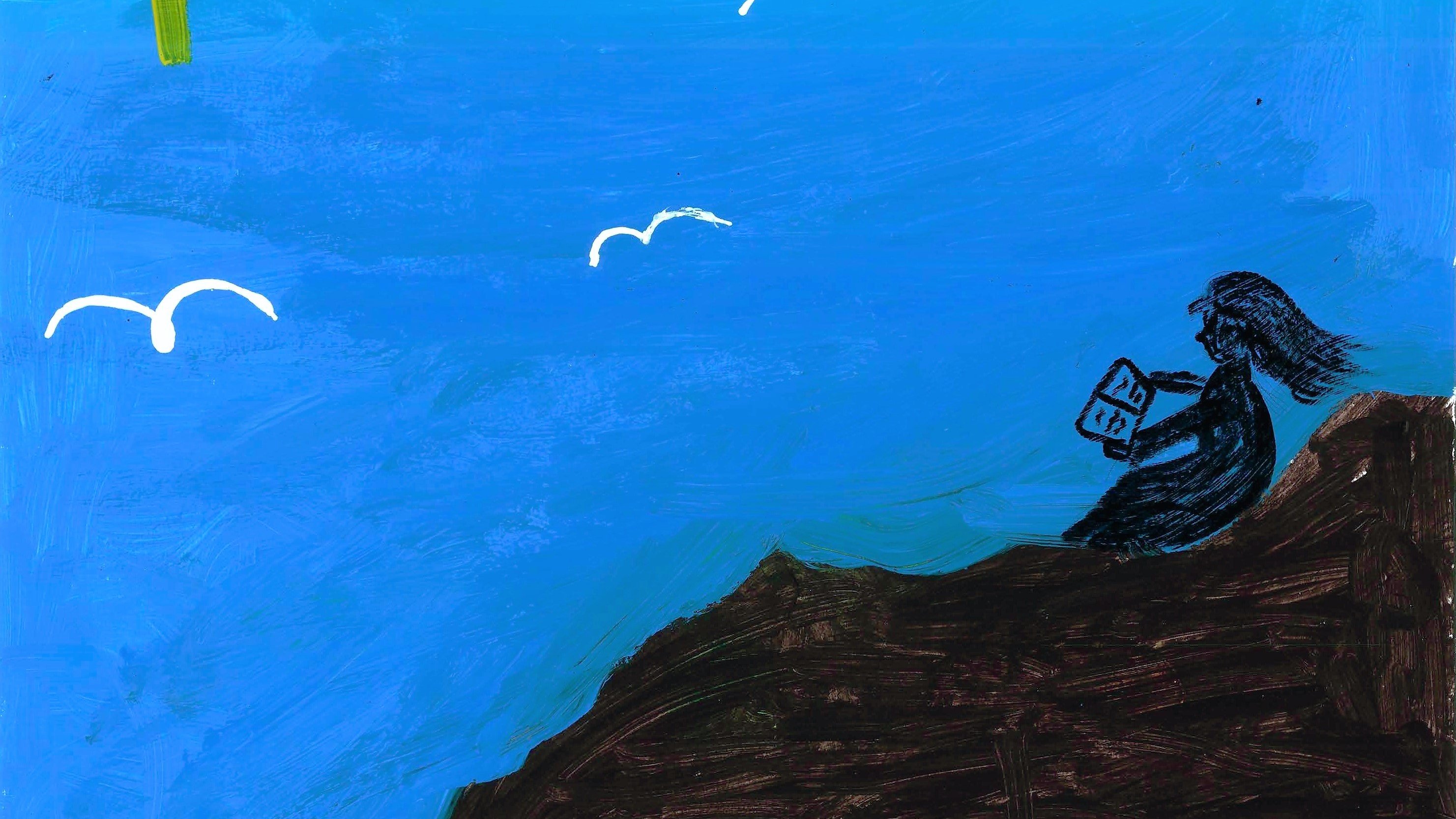 L'image représente un paysage lumineux avec un grand soleil jaune dans le coin supérieur gauche. Le ciel est d'un bleu vif, parsemé de quelques oiseaux blancs qui volent. Au premier plan, une silhouette noire, probablement celle d'une personne, est assise sur une colline sombre, tenant un livre ou un magazine. L'ensemble dégage une atmosphère paisible et contemplative.