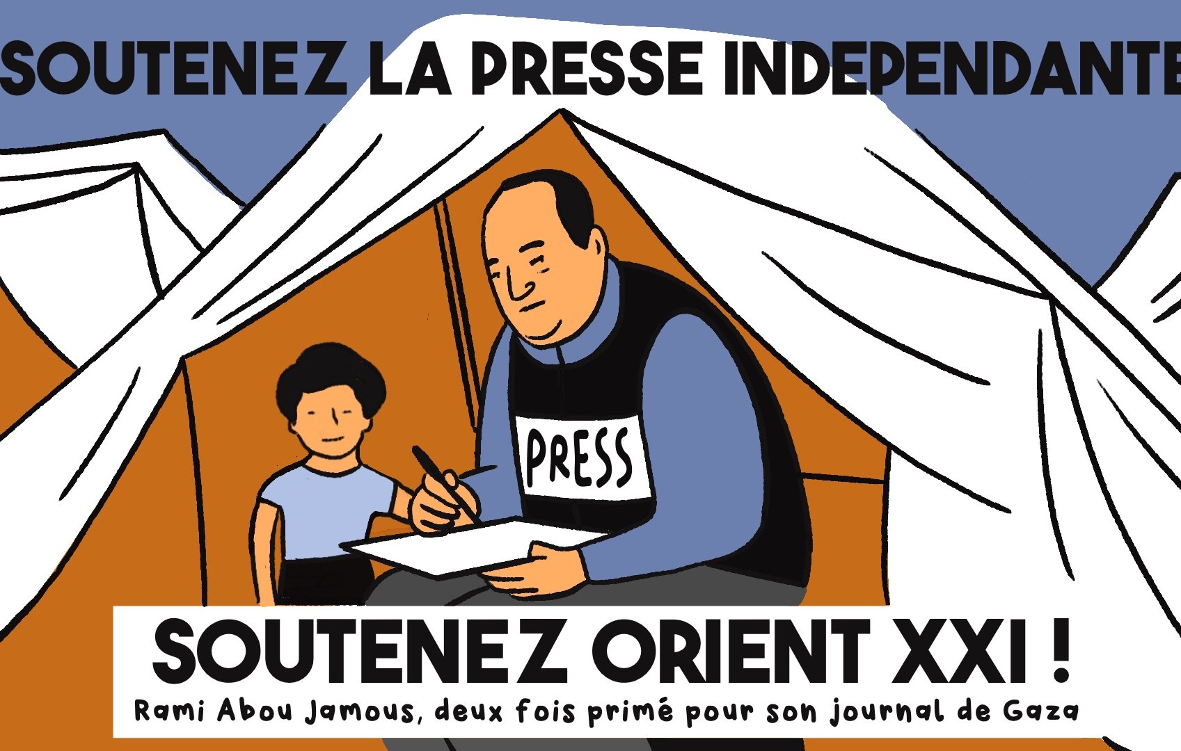 Homme en t-shirt "PRESS" écrit à une table, enfant près de lui, sous une tente.