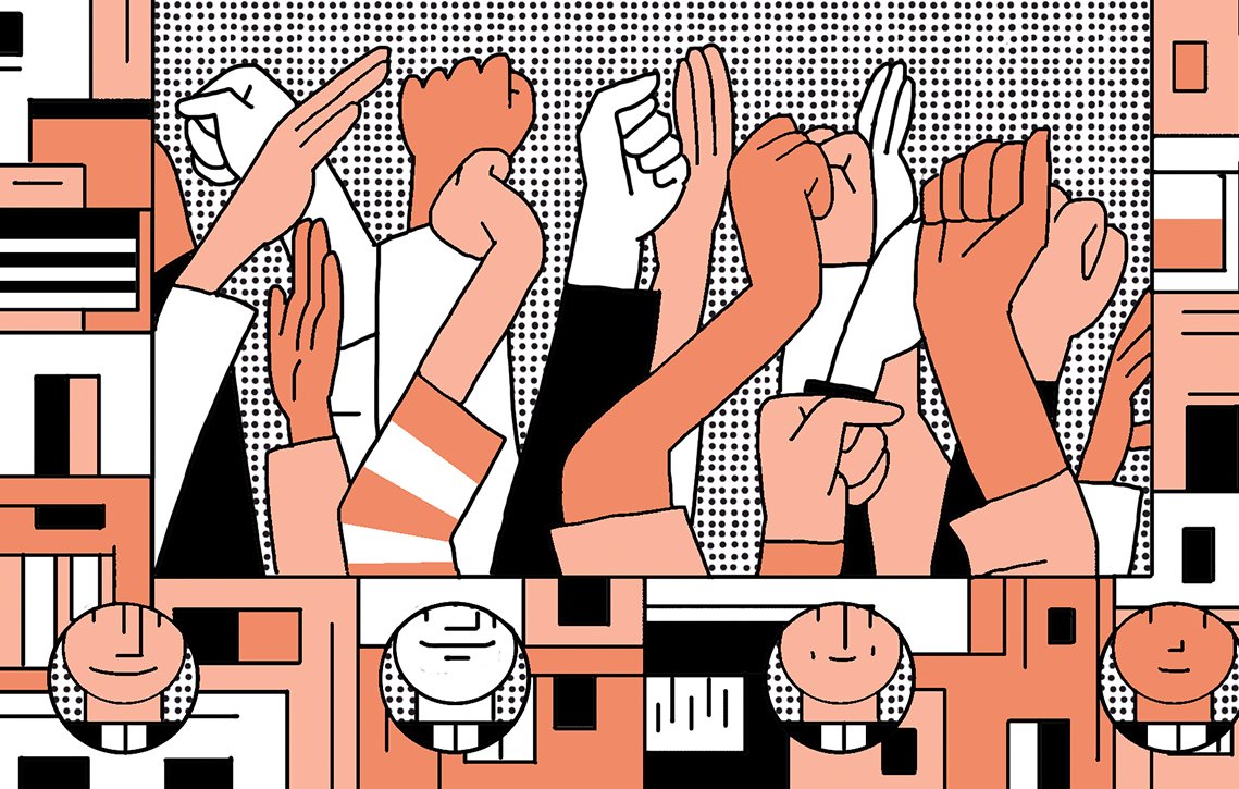 The image features a vibrant and stylized illustration of raised fists in various colors and patterns, symbolizing solidarity and protest. The hands are shown in a variety of positions, suggesting movement and activism. In the background, there are geometric shapes and patterns that create a dynamic and energetic atmosphere, enhancing the theme of empowerment and collective action. The overall tone is bold and illustrative, highlighting themes of unity and strength among individuals.