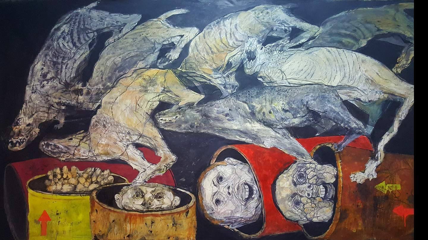 The image depicts a chaotic and unsettling scene featuring skeletal figures of animals, likely dogs, in dynamic motion, as if they are running or leaping. They are interspersed with containers that appear to hold dismembered heads and bones, creating a stark contrast between the lively movement of the animals and the grim contents of the barrels. The overall color palette includes dark tones, with hints of muted colors highlighting the figures and the disturbing elements, contributing to a sense of unease and intensity in the artwork.