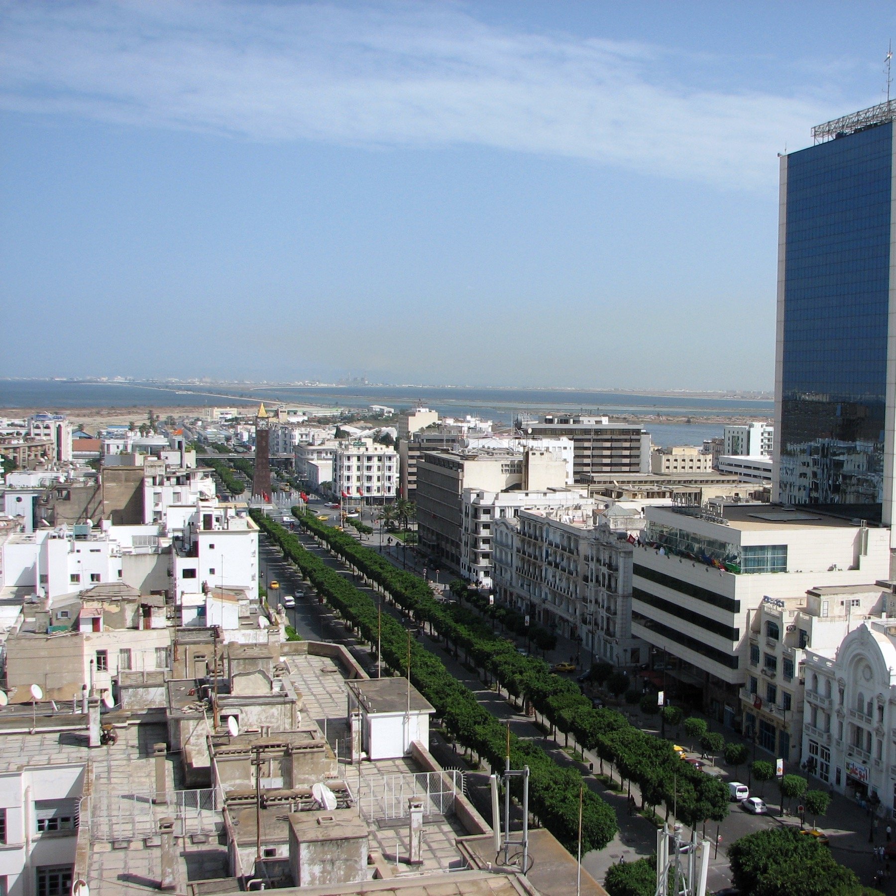 L'image montre un paysage urbain, probablement d'une ville côtière avec une vue panoramique. On peut voir de grands bâtiments modernes, dont une tour en verre qui se dresse au centre. La rue est bordée d'arbres et d'immeubles, créant une ambiance sympathique. À l'arrière-plan, on aperçoit l'océan, suggérant que la ville est située près de la mer. Le ciel est dégagé avec quelques nuages, indiquant une belle journée.