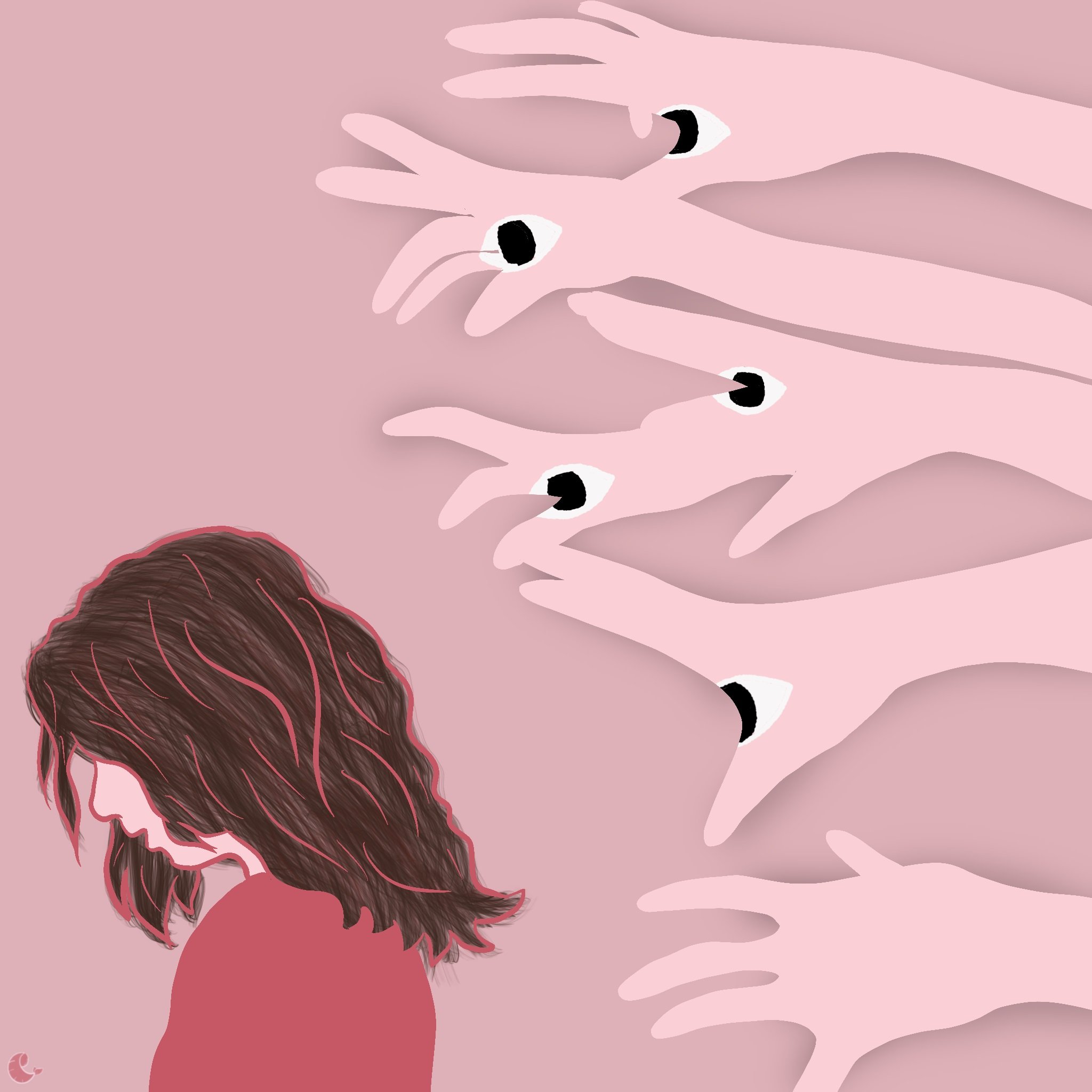 L'image représente une silhouette féminine de profil, avec les cheveux bruns et ondulés, légèrement inclinée vers le bas, ce qui évoque un sentiment de tristesse ou de réflexion. En arrière-plan, plusieurs mains stylisées, également de couleur rose, semblent se rapprocher d'elle, chacune ornée d'un œil au centre, ce qui crée une atmosphère d'inquiétude ou de surveillance. Le fond est d'une teinte rose pâle, renforçant cette ambiance émotionnelle. L'ensemble de l'œuvre suggère des thèmes de vulnérabilité et d'attention invasive.