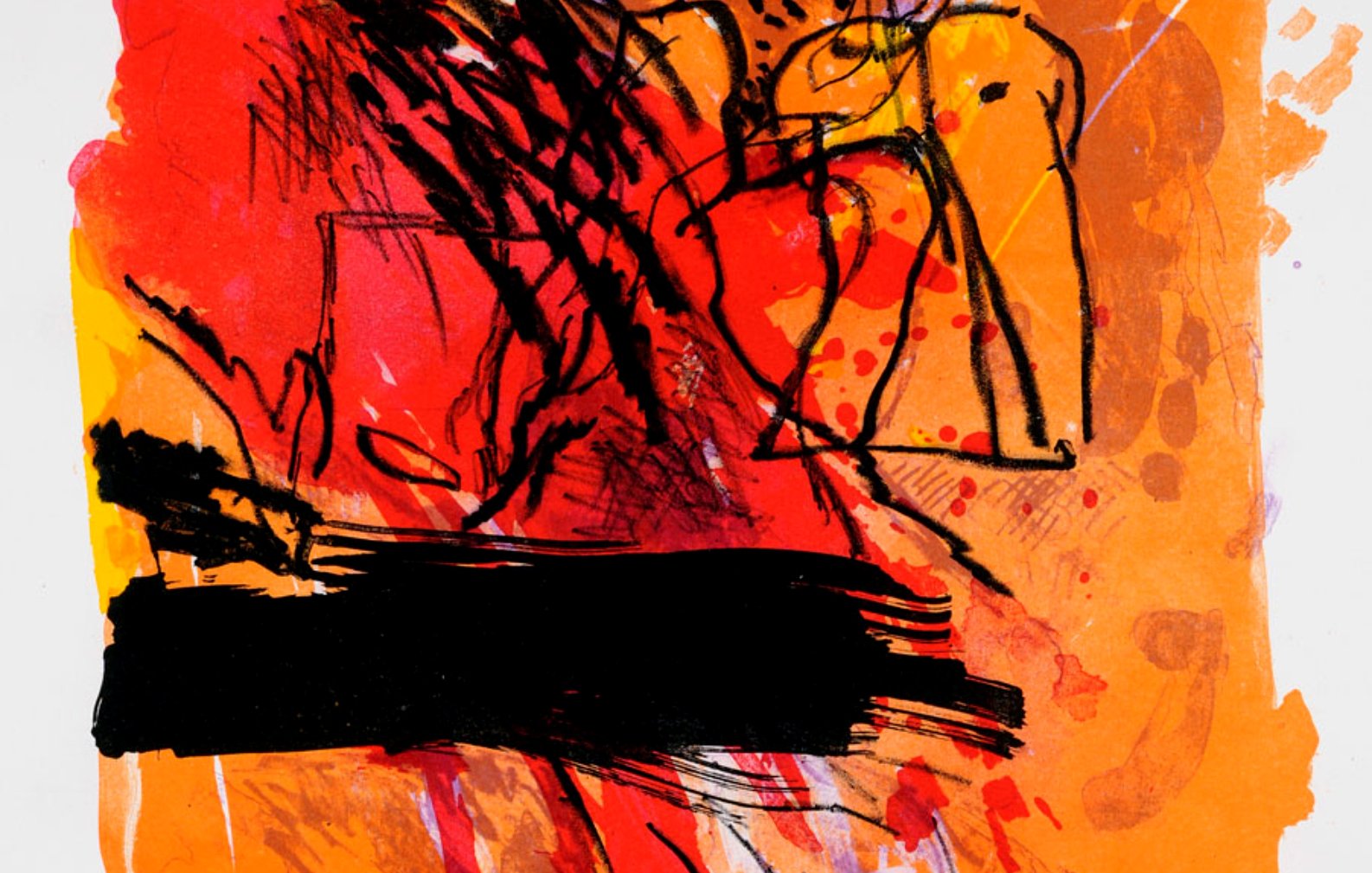 L'image présente des formes abstraites en noir, rouge et orange, créant une composition dynamique et énergique. Des traits et textures variés suggèrent un mouvement, tandis qu'un large bandeau noir traverse le bas, ajoutant un contraste frappant.