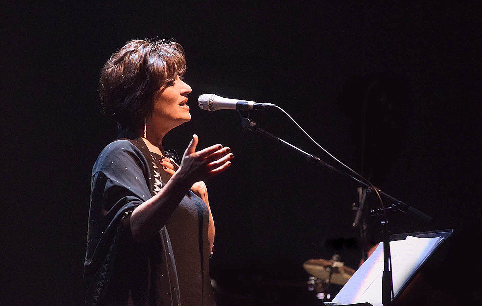 الصورة تظهر سيدة واقفة أمام ميكروفون، وهي تؤدي أغنية أو تتحدث على المسرح. تبدو مرتدية ملابس أنيقة وتعبّر عن مشاعرها من خلال حركات يديها. الإضاءة خافتة مما يضفي جواً درامياً على المشهد، ويوجد في الخلفية موسيقيون مجهولون. تعكس الصورة لحظة فنية جميلة.