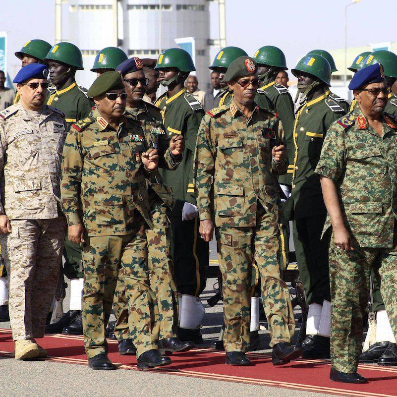 این تصویر یک رژه نظامی را نشان می‌دهد که در آن گروهی از نظامی‌ها در یونیفورم‌های مختلف حضور دارند. برخی از نظامی‌ها کلاه‌های سبز رنگ به سر دارند و در میان آنها، افرادی با یونیفورم‌های نظامی متنوع و نشان‌های مختلف دیده می‌شوند. برخی از آنان با سلاح و برخی دیگر با ابزار عکاسی یا پرچم در حال راه رفتن هستند. یک فرد در سمت چپ تصویر به نظر می‌رسد مقام بالاتری باشد که در حال بررسی رژه است. زمینه تصویر شامل ساختمان‌هایی و فضای باز است.