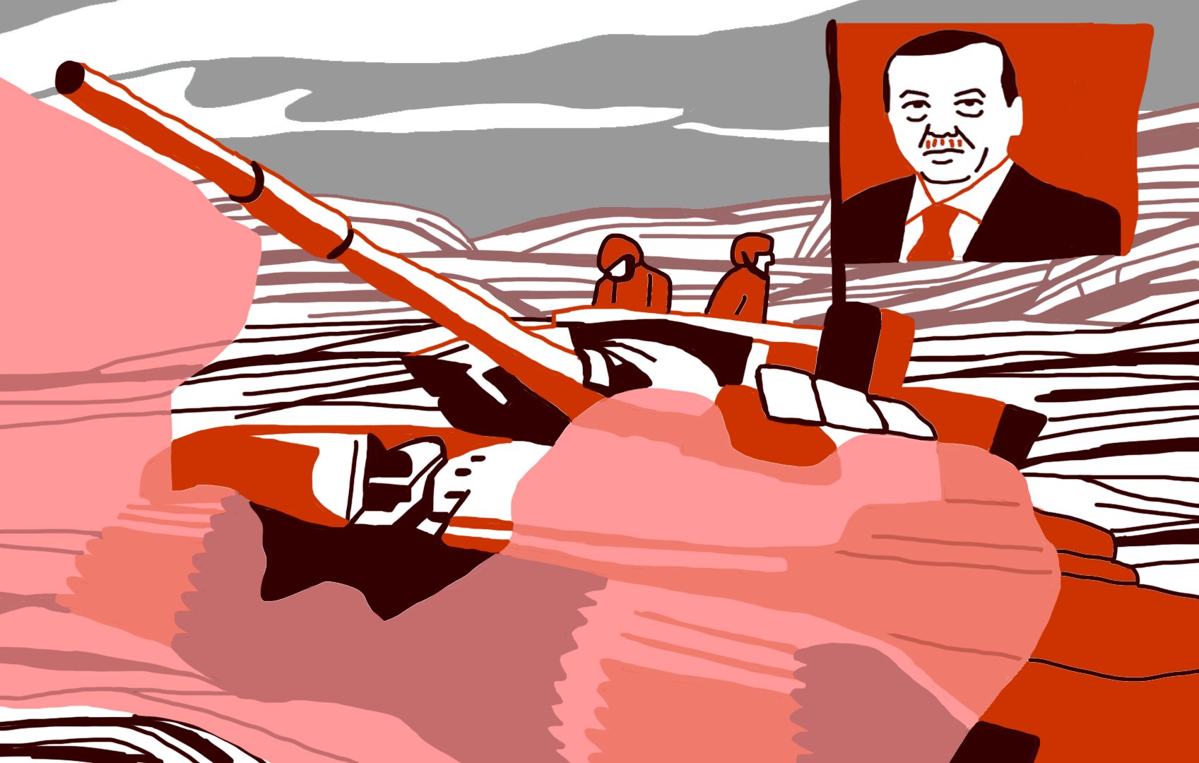 L'image représente un char de guerre stylisé, avec des teintes rouges et grises dominantes. Au-dessus du char, on distingue un portrait d'un homme, portant un sourire, probablement un dirigeant politique. Le fond est abstrait, évoquant un paysage militaire. L'ensemble dégage une ambiance de puissance et de tension.