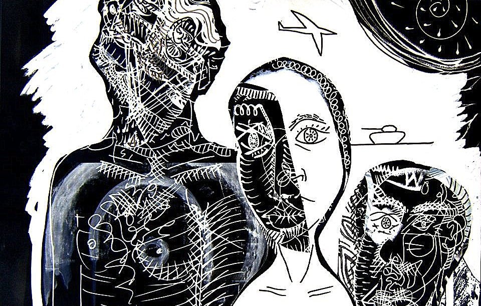 L'image présente un style artistique abstrait et monochrome. On y voit des figures humaines stylisées, avec des traits épaissis et des motifs détaillés. Les traits des visages sont exagérés, et l'utilisation du noir et du blanc crée un fort contraste. On peut remarquer des éléments symboliques, comme un avion et une forme qui pourrait représenter un plat ou un objet en hauteur. L'ensemble dégage une atmosphère intrigante, mêlant la représentation de l'humain et des éléments du quotidien.