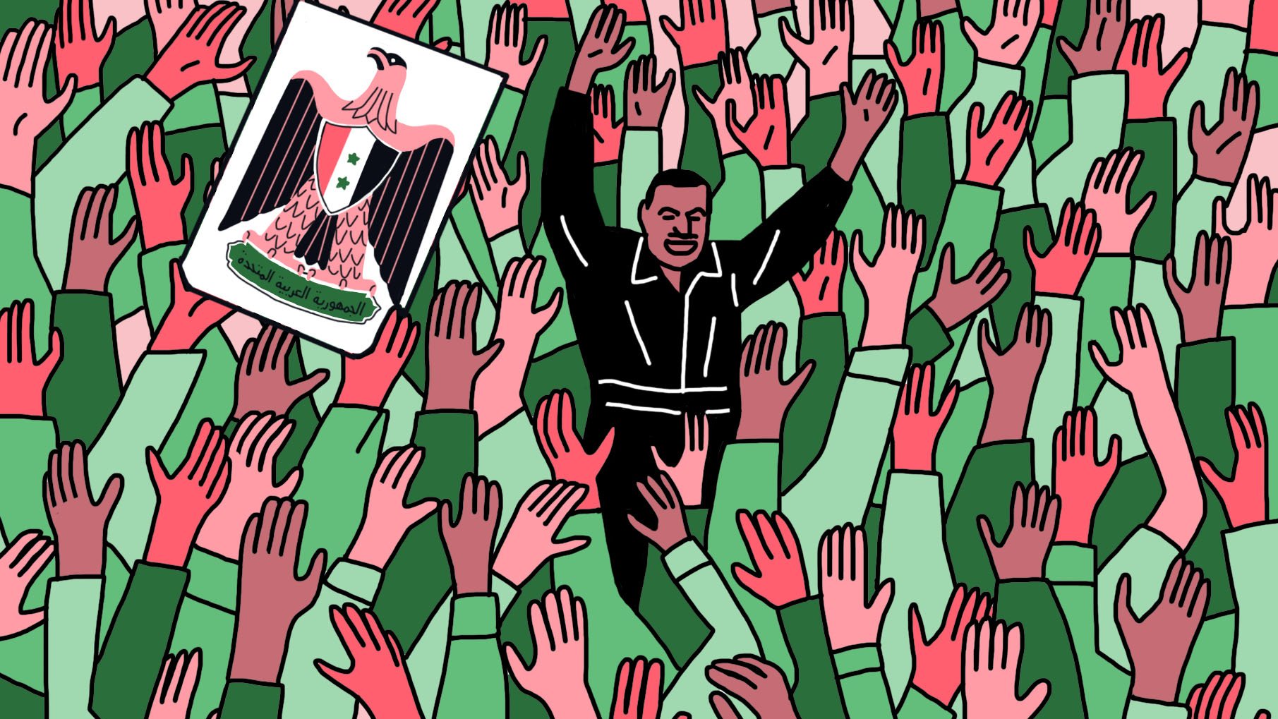 این تصویر جمعیتی بزرگ را نشان می‌دهد که در حال دست زدن و ابراز هیجان هستند. در مرکز تصویر، فردی با لباس سیاه که به نظر می‌رسد در حال سخنرانی است، دیده می‌شود. او دست‌هایش را بالا برده و به جمعیت پاسخ می‌دهد. همچنین، پرچم یا علامت حاکمیتی با نمادِ عقاب در سمت چپ تصویر وجود دارد. رنگ‌های تصویر عموماً سبز و قرمز هستند و حال و هوای شور و هیجان را منتقل می‌کند.