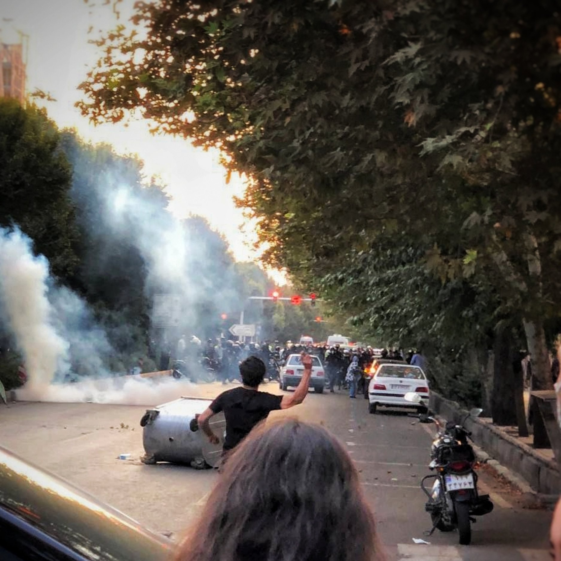 در این تصویر، صحنه‌ای از یک شورش یا تظاهرات مشاهده می‌شود. فردی با پشت به دوربین در حال پرتاب شیئی به سمت جمعیت است. در اطراف او، دود غلیظی به هوا بلند شده و چند خودرو در نزدیکی محل حاضر هستند. درختان در دو سمت خیابان دیده می‌شوند و به نظر می‌رسد که فضای تنش‌زایی در حال ایجاد است. ترافیک و حضور مردم در صحنه نشان‌دهنده وضعیت پر سر و صدا و احتمالا ناآرام است.