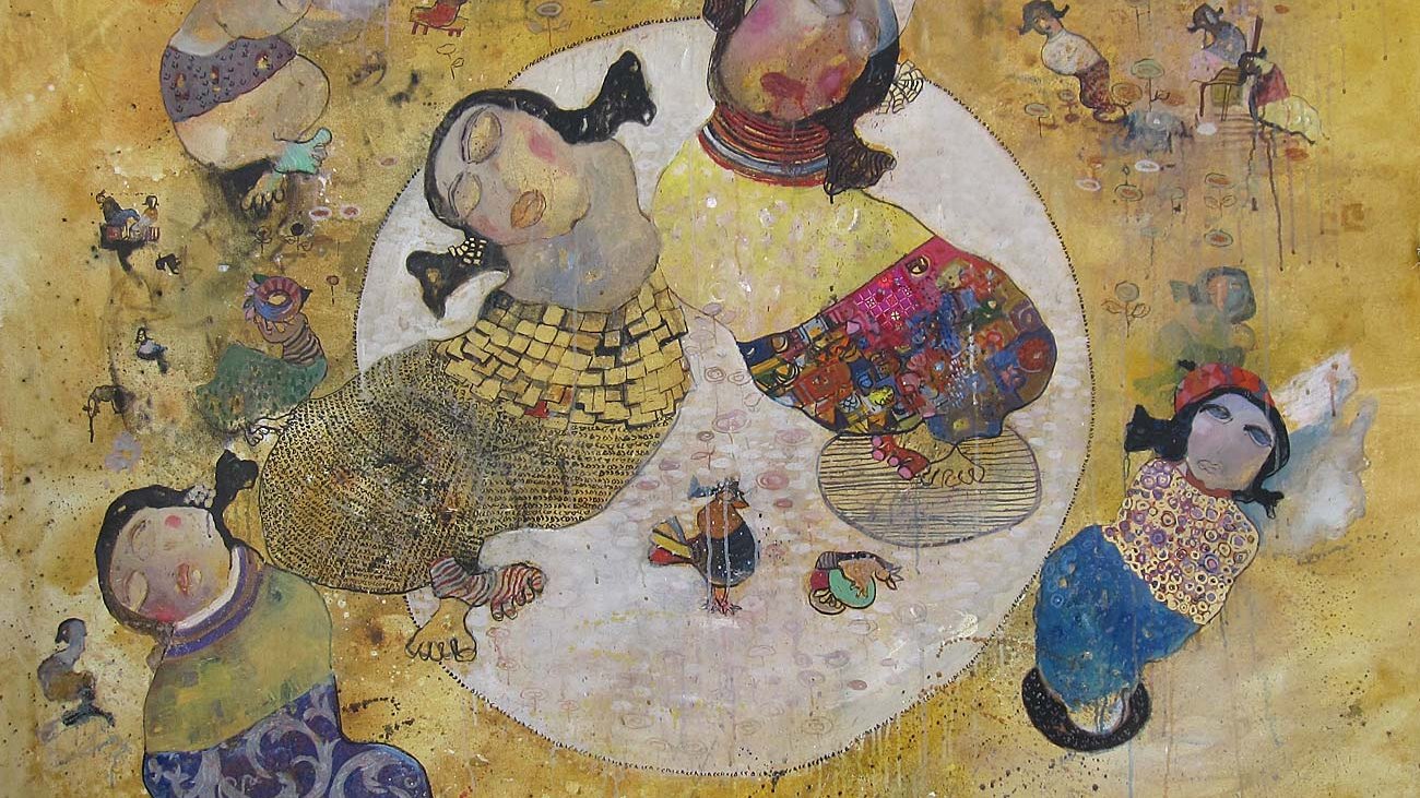 L'image montre une peinture vibrante et colorée représentant plusieurs figures humaines dans une composition circulaire. Les personnages, principalement féminins, ont des visages expressifs et des poses dynamiques, évoquant des mouvements de danse ou de joie. Ils sont vêtus de vêtements ornés de motifs variés et colorés, ajoutant à la richesse visuelle de l'œuvre. En arrière-plan, on aperçoit des éléments abstraits et des couleurs chaudes, créant une atmosphère de fête ou de célébration. L'ensemble de l'image transmet une sensation de bonheur et d'harmonie.