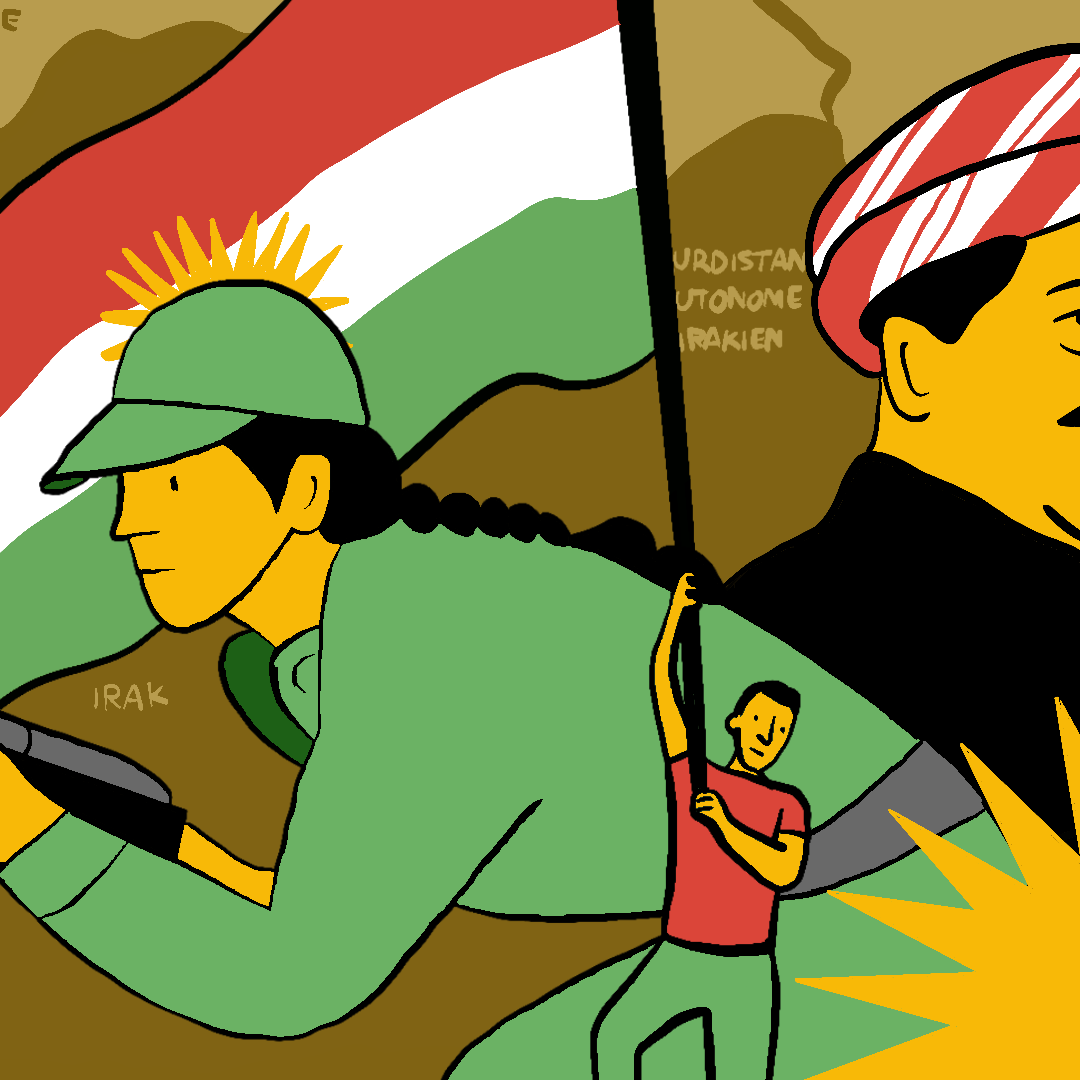 L'image représente des figures symboliques liées au peuple kurde. On y voit une personne en uniforme militaire portant un drapeau kurde, ainsi qu'une autre figure plus en arrière-plan. La scène est stylisée, avec une carte des régions kurdes en arrière-plan, indiquant des pays comme la Syrie, l'Irak, la Turquie et l'Iran. Les couleurs sont vives et l'ensemble évoque un sentiment de fierté nationale et de résistance.