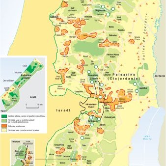 Cette image représente une carte détaillée de la Palestine et de la région environnante, montrant des zones de contrôle, des villes importantes et les frontières entre Israël et les territoires palestiniens. La carte utilise des couleurs et des symboles pour indiquer les zones A, B et C, qui sont associées à différents niveaux de contrôle administratif. On peut également voir des indications géographiques, comme des montagnes, des rivières et d'autres caractéristiques du terrain. En bas à gauche, il y a une carte plus petite qui montre la localisation de la Palestine dans la région du Moyen-Orient.