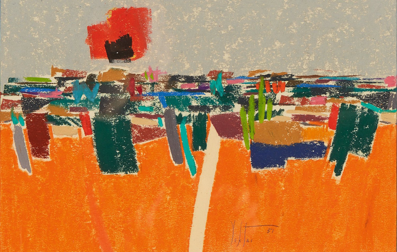 Cette image représente une œuvre abstraite avec des couleurs vives et des formes dynamiques. En premier plan, on peut voir des touches de couleur orange dominant, symbolisant peut-être un paysage. De nombreuses autres couleurs se mêlent, créant des formes évoquant une scène vivante ou une nature stylisée. Le contraste entre les couleurs est frappant, avec des éléments sombres et lumineux qui invitent à l'interprétation. L'ensemble dégage une atmosphère énergique et expressive.