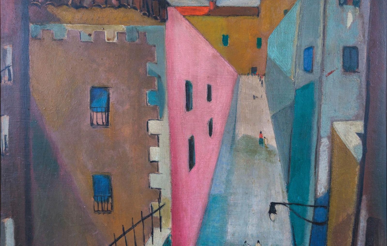 L'image présente un paysage urbain stylisé, avec des bâtiments aux couleurs vives et géométriques, notamment des murs rose, beige et bleu. La composition met en avant une ruelle étroite, visible entre les édifices, qui semble inviter à l'exploration. Des figures humaines sont dispersées dans la rue, créant un sentiment de vie dans cette scène. Le ciel est lumineux, ce qui apporte une atmosphère joyeuse et dynamique à l'ensemble de la toile. Les ombres sont présentes, ajoutant de la profondeur à l'œuvre.