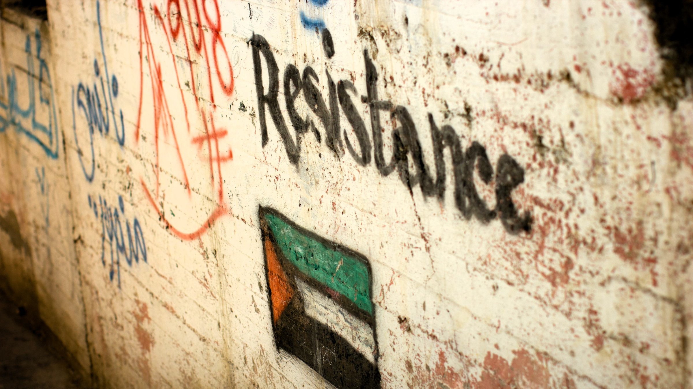L'immagine mostra un muro su cui è stato sprayato un graffiti. Sul muro ci sono vari graffiti e scritte, tra cui la parola "Resistance" in lettere nere. Accanto a questa parola, si trova il disegno della bandiera palestinese, caratterizzato da strisce orizzontali verde, bianco e nero, con un triangolo rosso a sinistra. Lo sfondo del muro è usurato, con tracce di vernice scrostata e macchie di diverso colore.