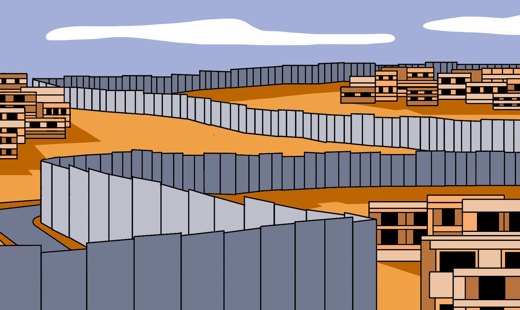 L'image représente un paysage urbain stylisé, avec des bâtiments modernes disposés de manière structurée. On peut voir des murs ou des clôtures qui forment des délimitations, créant un aspect labyrinthe dans la composition. Le sol est de couleur ocre, tandis que le ciel présente des nuages blancs sur fond bleu. L'ensemble donne une impression de séparation et d'organisation dans l'environnement.