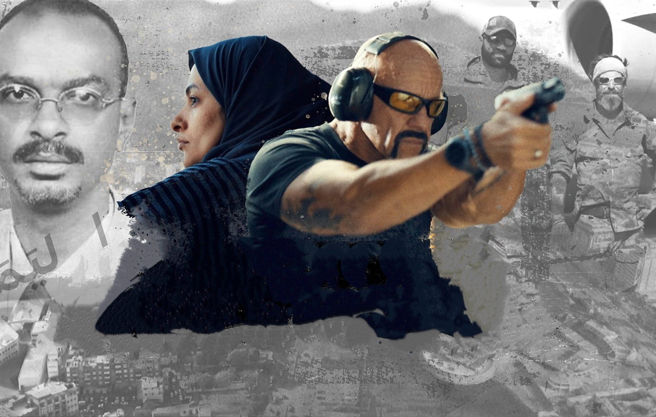 این تصویر به نظر می‌رسد ترکیبی از عناصر مختلف است که شامل صحنه‌های اکشن و شخصیت‌ها می‌شود. در قسمت جلو یک مرد با عینک آفتابی و هدفون، در حال هدف‌گیری با سلاح است. در پس‌زمینه، تصاویری از افراد دیگر و یک زن با پوشش اسلامی دیده می‌شود. همچنین، اضلاع تصویر شامل تصاویری مبهم از صحنه‌های شهری و عناصر جنگی است که به جو تنش‌زا و هیجان‌انگیزی اشاره دارد. ترکیب رنگ‌ها و طراحی گرافیکی هم به شدت به نمایش این تم کمک می‌کند.