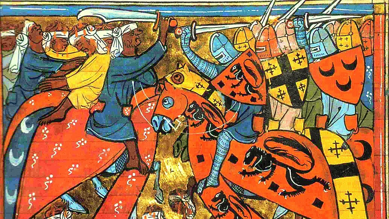 L'image représente une scène de bataille médiévale, typique des miniatures illustrant des événements historiques. On peut y voir des chevaliers en armure, montés sur des chevaux, brandissant des armes et portant des blasons aux motifs variés. Les couleurs vives, comme le rouge et le bleu, ajoutent une dynamique à la scène. Les combattants semblent être engagés dans un affrontement intense, tandis qu'au sol, on aperçoit des figures suggérant une lutte ou des blessures. L'ensemble dégage une atmosphère de bravoure et de conflit propre à l'époque médiévale.