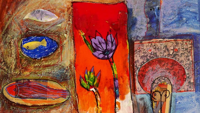 L'image présente une composition artistique colorée et abstraite. On y voit des formes variées, y compris des poissons stylisés, des fleurs et des figures humaines. Les couleurs dominantes incluent des rouges, des bleus et des oranges, créant un contraste vibrant. Les éléments semblent être juxtaposés de manière à évoquer des émotions et des réflexions, caractéristique des œuvres modernes. La texture est riche, avec une impression tactile qui attire l'œil.