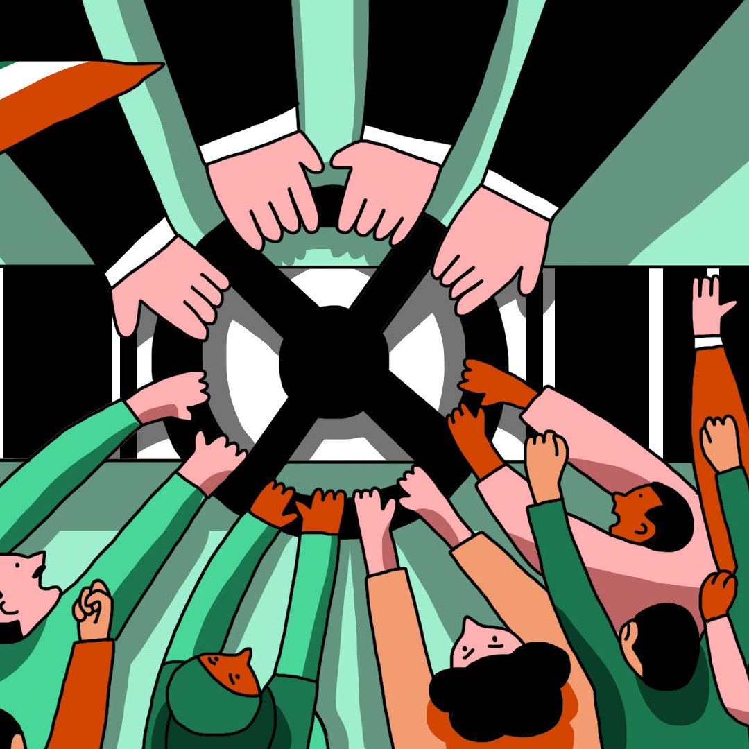 L'image montre une scène dynamique avec des mains qui se rejoignent au centre, symbolisant une unité ou un rassemblement. On peut voir des personnes de différentes tenues, certaines portant des voiles, et d'autres faisant le geste de lever les bras. En arrière-plan, il y a un drapeau avec un symbole iranien. Les couleurs sont vives et variées, créant une atmosphère énergique et engagée. Cette composition évoque des thèmes de solidarité et de mobilisation.