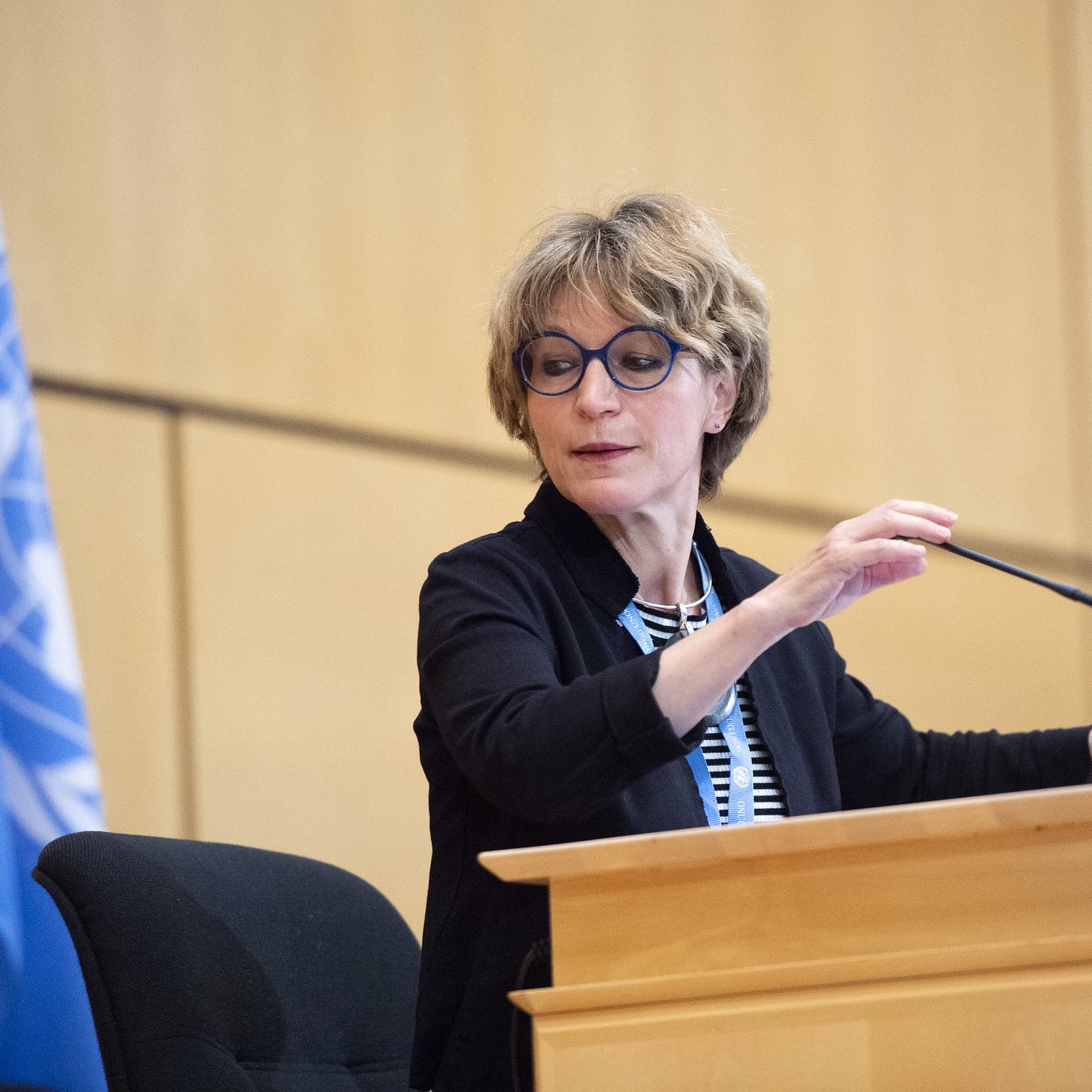 Femme avec des lunettes, parlant devant un podium, drapeau de l'ONU derrière elle.