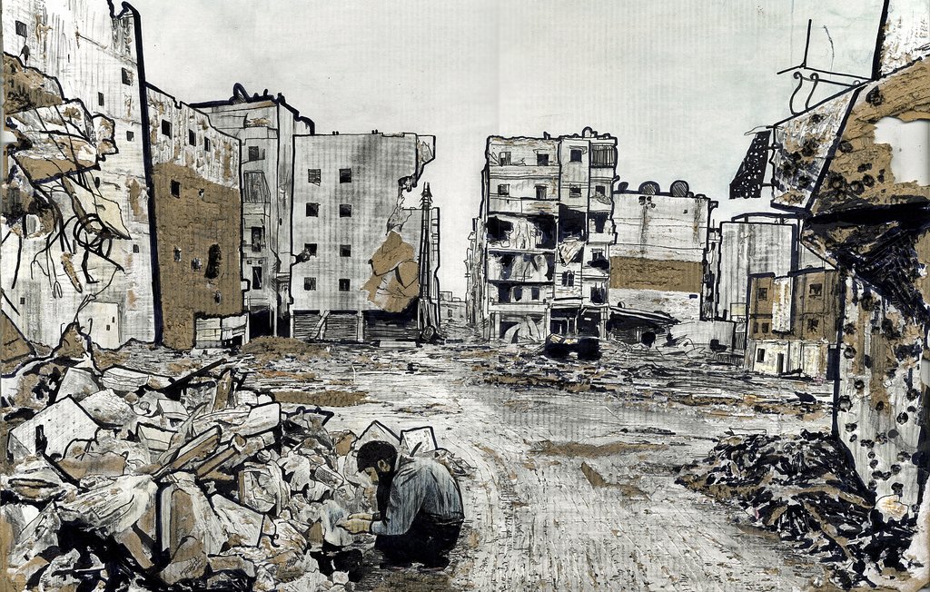 L'image montre une scène de destruction urbaine. On aperçoit des bâtiments en ruine, avec des débris éparpillés sur le sol. Au premier plan, une personne semble s'accroupir, probablement en train de réfléchir ou de chercher quelque chose parmi les décombres. Le paysage est plongé dans une ambiance morose, évoquant des thèmes de perte et de désolation. Les couleurs sont plutôt ternes, accentuant le caractère triste et abandonné de cet environnement.