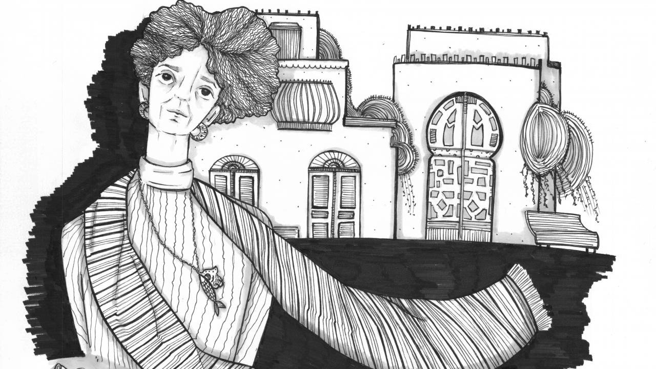 L'image représente une illustration en noir et blanc d'une femme avec des cheveux volumineux. Elle porte un pull ou un haut rayé et un châle drapé sur ses épaules. En arrière-plan, on aperçoit des bâtiments au style architectural distinct, avec des fenêtres élaborées et des éléments décoratifs. L'ensemble donne une ambiance à la fois artistique et contemplative. Les contrastes entre les zones noires et blanches ajoutent de la profondeur à l'œuvre.