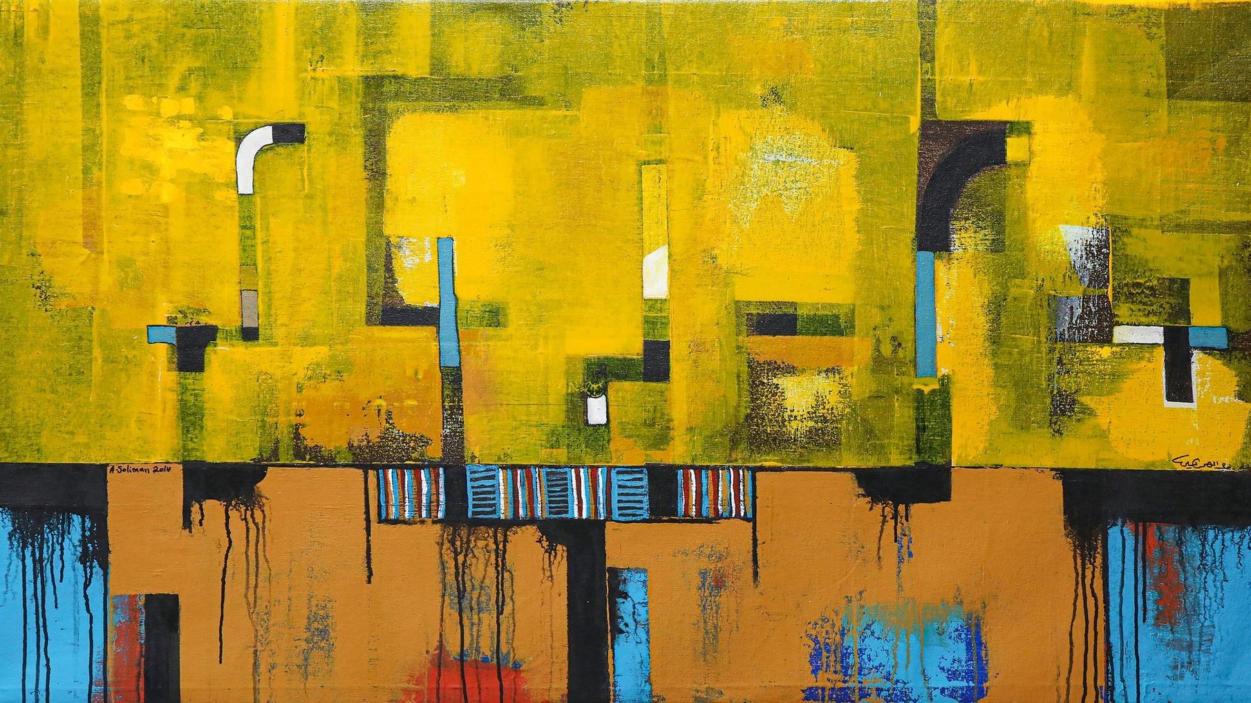 L'image présente une œuvre d'art abstraite dominée par des teintes vives de jaune, accompagnées de touches de bleu, de noir et d'orange. La composition est caractérisée par des formes géométriques variées, superposées et juxtaposées, créant un sentiment de dynamique et de mouvement. Les couleurs semblent se mélanger et se contraster, apportant une profondeur et une texture à l'œuvre. Les lignes et les formes, bien que non figuratives, évoquent une certaine structure tout en laissant place à l'interprétation personnelle de l'observateur.
