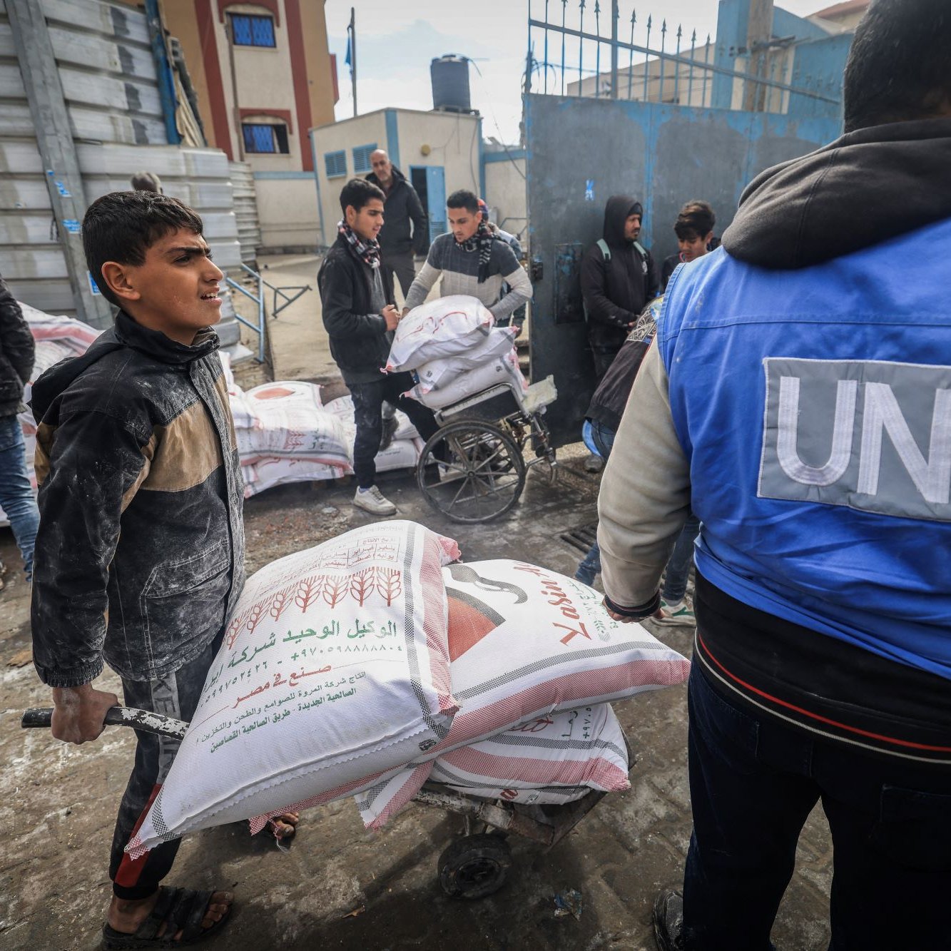 L'image montre une scène d'assistance humanitaire. Des enfants et des adultes sont occupés à transporter des sacs de nourriture, probablement du grain ou des provisions, à l'aide de brouettes. On peut voir des sacs empilés à l'arrière-plan, ainsi que des personnes portant des vêtements de protection ou des blousons. Un homme porte un gilet avec l'insigne des Nations Unies (UN), indiquant qu'il fait partie d'une mission humanitaire. L'atmosphère semble dynamique, avec un engagement collectif pour aider ceux qui en ont besoin.