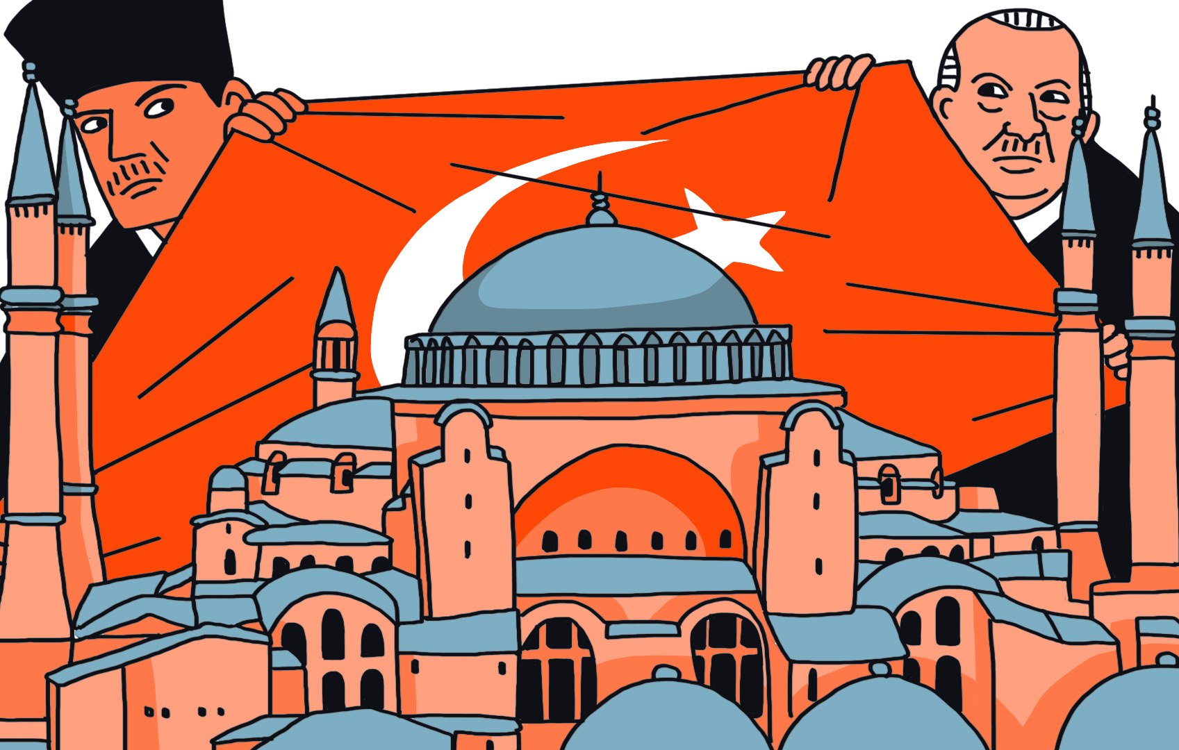 L'image montre deux personnages tenant un grand drapeau turc qui recouvre partiellement une célèbre structure architecturale. Au premier plan, on peut voir la basilique Sainte-Sophie, identifiable par sa grande coupole et ses minarets. Les personnages semblent symboliser un moment important lié à l'histoire ou la culture de la Turquie. Les couleurs sont vives, avec des tons d'orange et de bleu, ce qui donne une ambiance graphique et stylisée à l'ensemble.