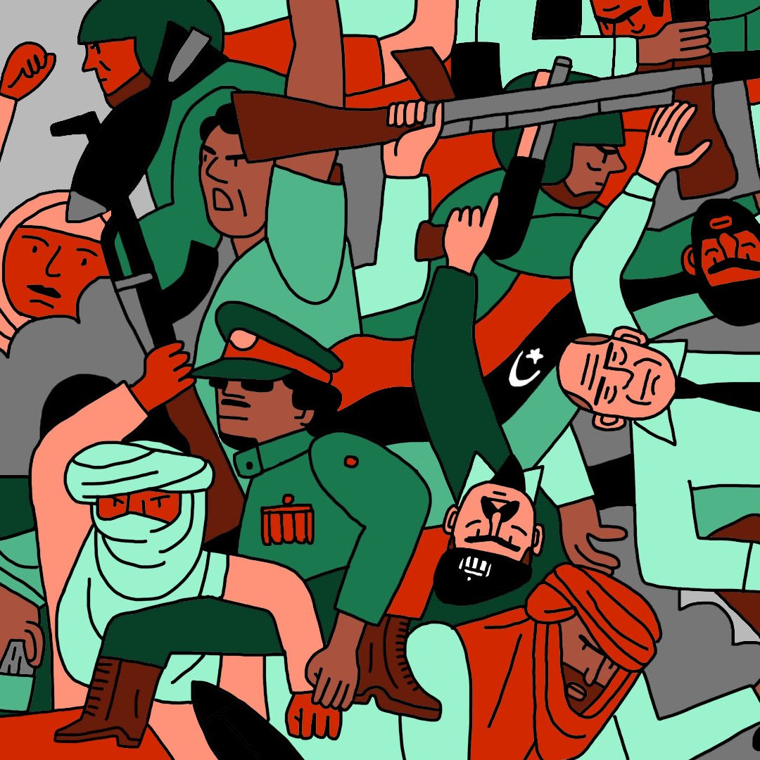 L'image représente une scène dynamique et chaotique de conflit, avec de nombreuses figures humaines en mouvement. On y voit des soldats portant des uniformes variés, certains armés de fusils. Les expressions des personnages sont intenses, reflétant la tension de la situation. Les couleurs sont vives, avec une dominance de rouge, vert et beige, ajoutant à l'énergie de la composition. En arrière-plan, des formes évoquant des nuages de fumée viennent renforcer l'atmosphère de conflit. L'ensemble donne un sentiment de lutte et de désordre.