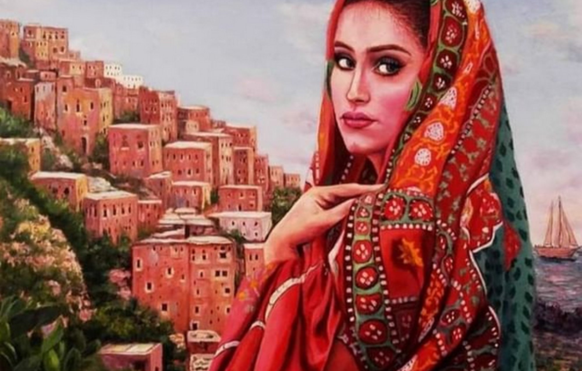 الصورة تُظهر امرأة ترتدي زيًّا تقليديًا مزخرفًا بألوان دافئة وزاهية، حيث تلتف بوشاح ملون يزين شعرها. تعبر ملامح وجهها عن جمال وثقة، بينما يحيط بها منظر طبيعي يضم بيوتًا تقليدية تتوزع على جبال، مع بحيرة أو بحر يظهر في الخلفية. الألوان المستخدمة في الرسم تعكس الحيوية وتجسد الثقافة المحلية بوضوح.