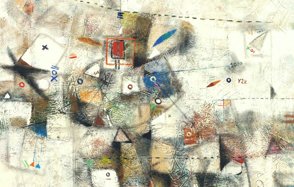 Cette image est une œuvre abstraite composée de différentes formes géométriques et de couleurs variées. On y trouve des triangles, des cercles et des carrés disposés de manière dynamique sur un fond clair. Des lignes et des motifs semblent interagir, créant une sensation de mouvement et de complexité. L'ensemble évoque une atmosphère moderne et artistique, où les éléments se mélangent de façon à susciter l'interprétation et l'imagination.