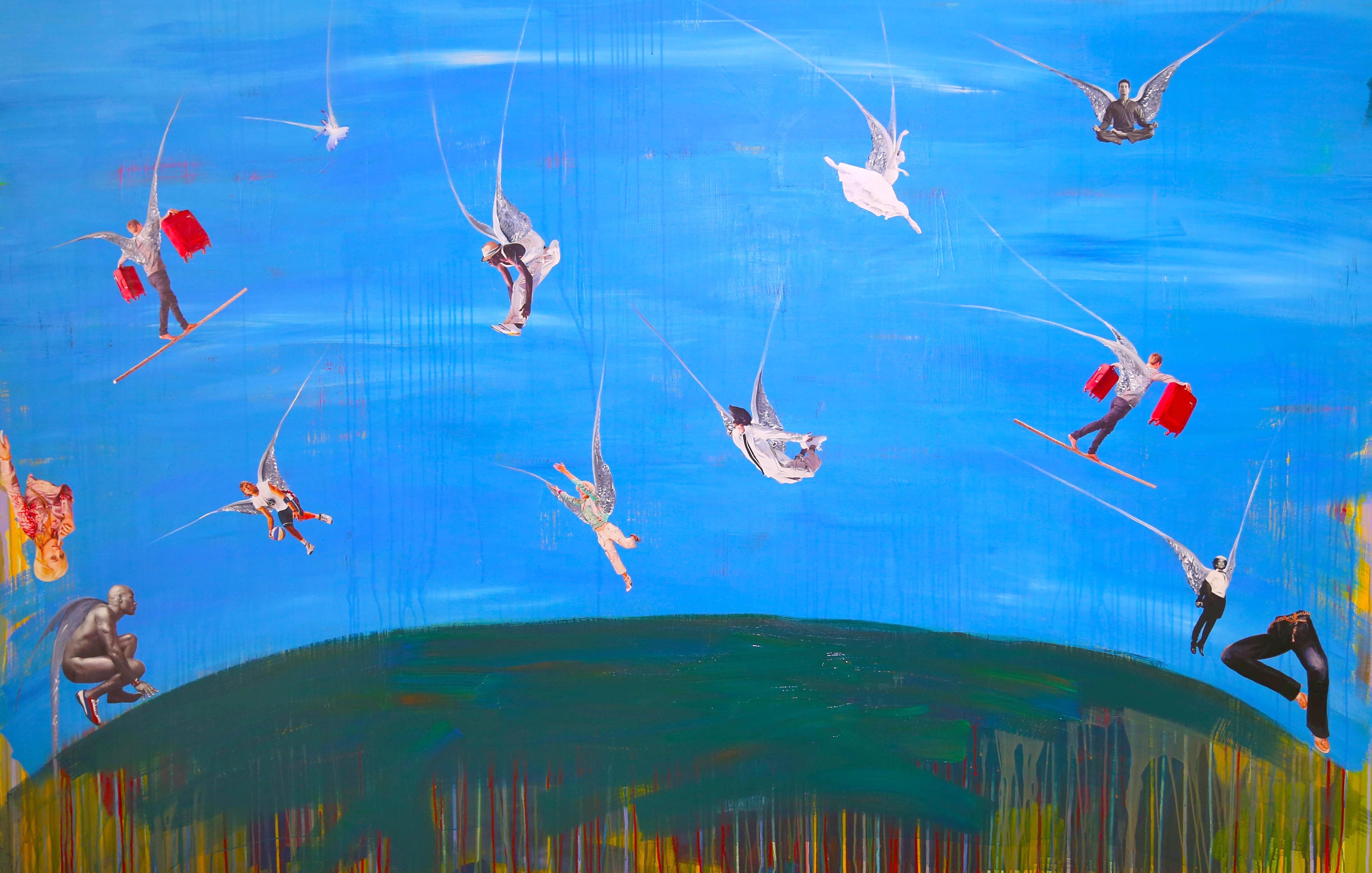 L'image représente une composition artistique colorée sur un fond bleu. On y voit des figures humaines, certaines dans des poses dynamiques, comme si elles volaient ou flottent. Certaines brillent, tandis que d'autres semblent se déplacer avec des objets rouges. Le sol est une sorte de colline verte, et la palette de couleurs est vibrante, mêlant des teintes bleues, vertes et des touches plus vives. L'ensemble dégage une atmosphère onirique et poétique.