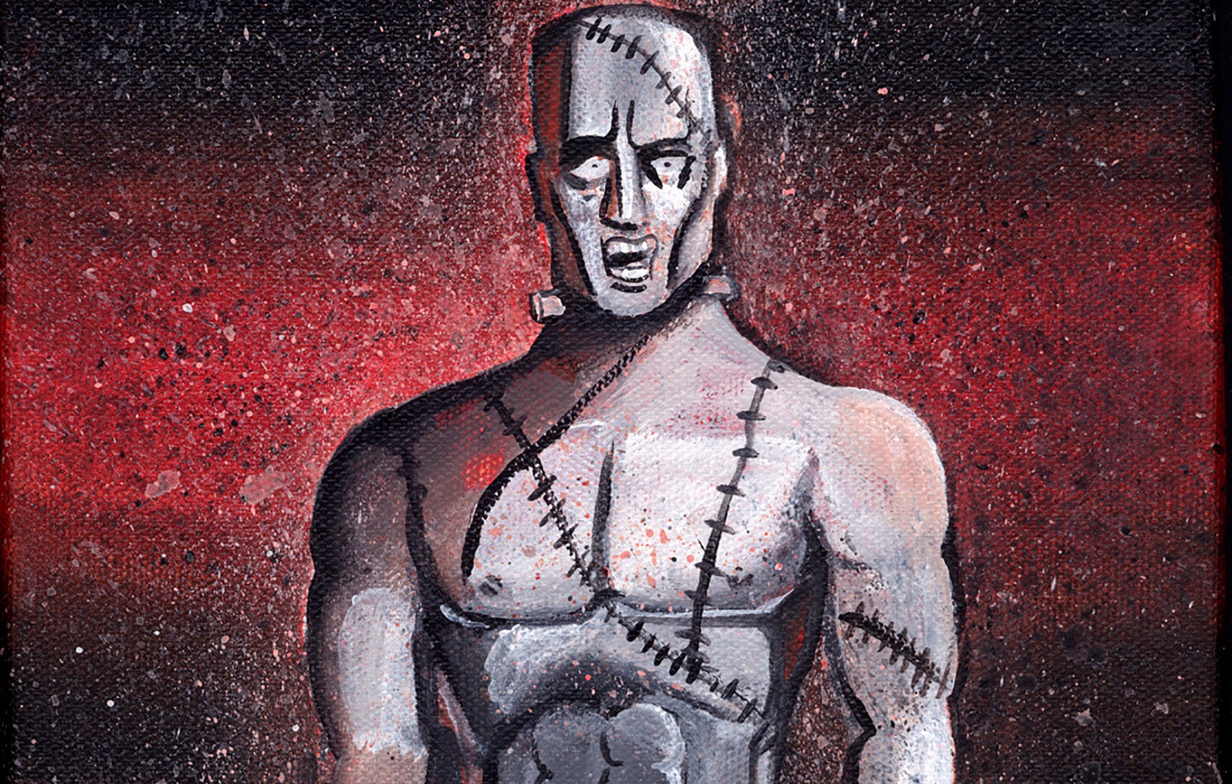 L'image montre une figure masculine au torse musclé, qui a l'air d'avoir été réparée avec des coutures visibles sur sa peau. Son expression faciale semble choquée ou inquiète. Le fond est composé de couleurs sombres, avec des touches de rouge, créant une atmosphère sombre et intense. Cette représentation peut évoquer des thèmes liés à la création, à la douleur ou à l'angoisse.