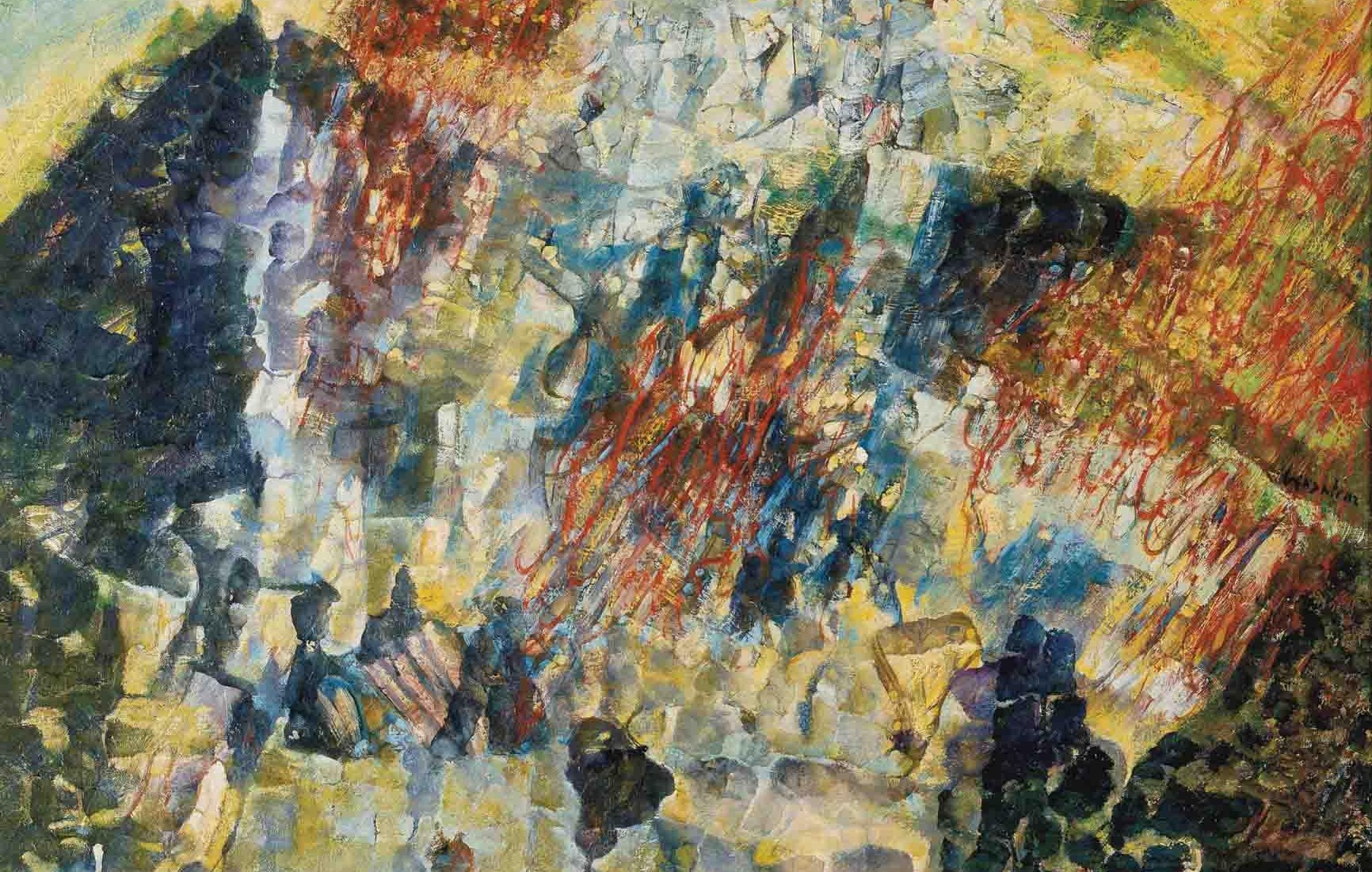 L'image représente une œuvre abstraite avec des couleurs vives et des textures variées. On observe des nuances de bleu, de jaune et de rouge, créant un sentiment de mouvement et d'énergie. Les formes semblent évoquer des paysages ou des montagnes, mais leur interprétation reste subjective, laissant place à l'imagination. La lumière joue un rôle important, accentuant les contrastes et ajoutant de la profondeur à la composition.