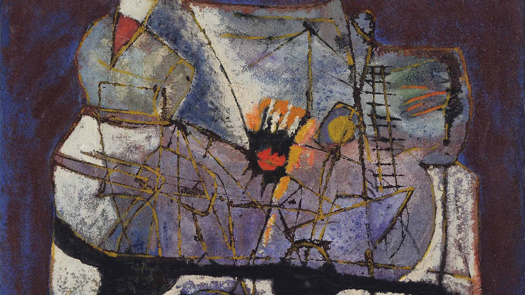 L'image présente une composition abstraite utilisant des formes géométriques et des lignes sinueuses. Les couleurs dominantes incluent des teintes de bleu, de noir et des touches de jaune et d'orange, créant un contraste visuel intéressant. Le tableau semble évoquer des éléments de la nature ou des paysages, avec des formes qui pourraient rappeler des bateaux ou des structures organiques. La texture est riche, ajoutant de la profondeur et du dynamisme à l'œuvre.