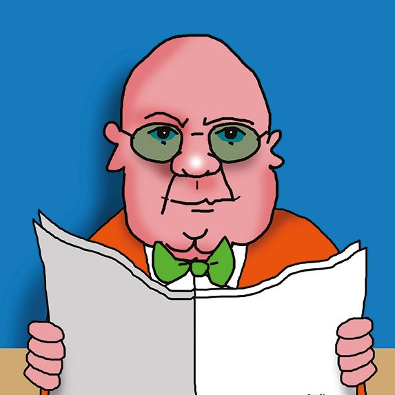 L'image représente un personnage caricatural, un homme en surpoids avec une tête ronde et chauve. Il porte des lunettes et un nœud papillon vert qui contraste avec sa veste orange. Il est assis à une table et tient un grand journal devant lui. L'arrière-plan est de couleur bleue, ce qui fait ressortir les couleurs vives de son costume. Le style de dessin est humoristique et simplifié.