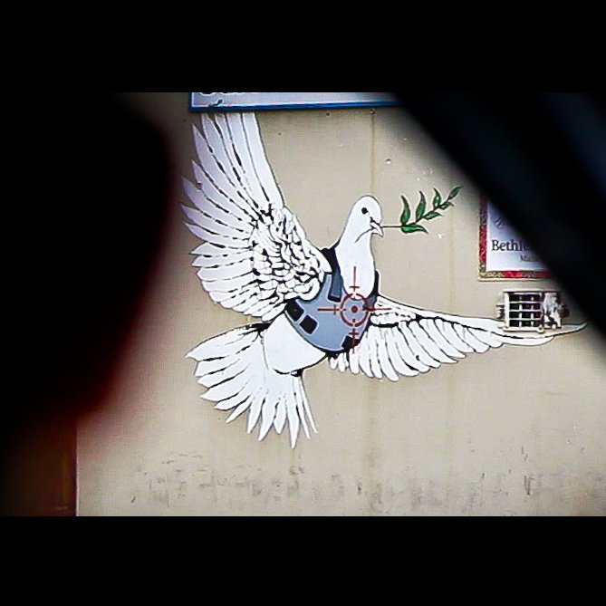 L'image montre une fresque murale représentant une colombe aux grandes ailes déployées. La colombe tient une branche d'olivier dans son bec, symbole de paix. Elle semble être stylisée avec des éléments modernes, comme un gilet pare-balles, ce qui pourrait faire allusion à des thèmes de conflits ou de sécurité. Le fond est neutre et sans éléments distracteurs, mettant en valeur la colombe et son message symbolique.