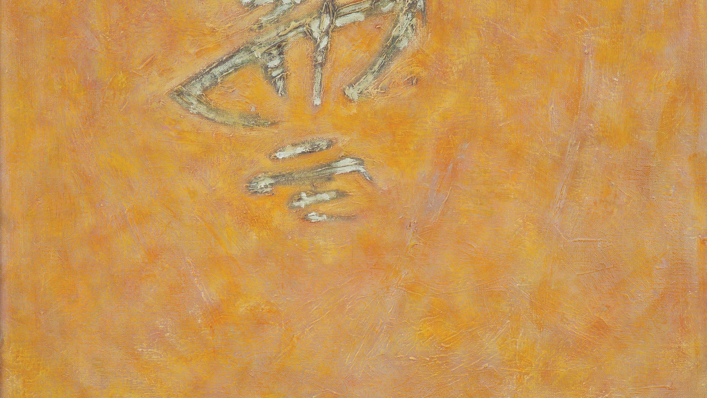 Cette image présente une œuvre abstraite dominée par des teintes chaudes d'orange. En haut, des motifs abstraits couleur crème se détachent sur le fond, tandis qu'en bas, une bande de couleur blanche présente des formes irrégulières qui semblent évoquer des structures ou des éléments naturels. L'ensemble crée une ambiance à la fois chaleureuse et dynamique, avec un contraste intéressant entre les éléments clairs et le fond vibrant.