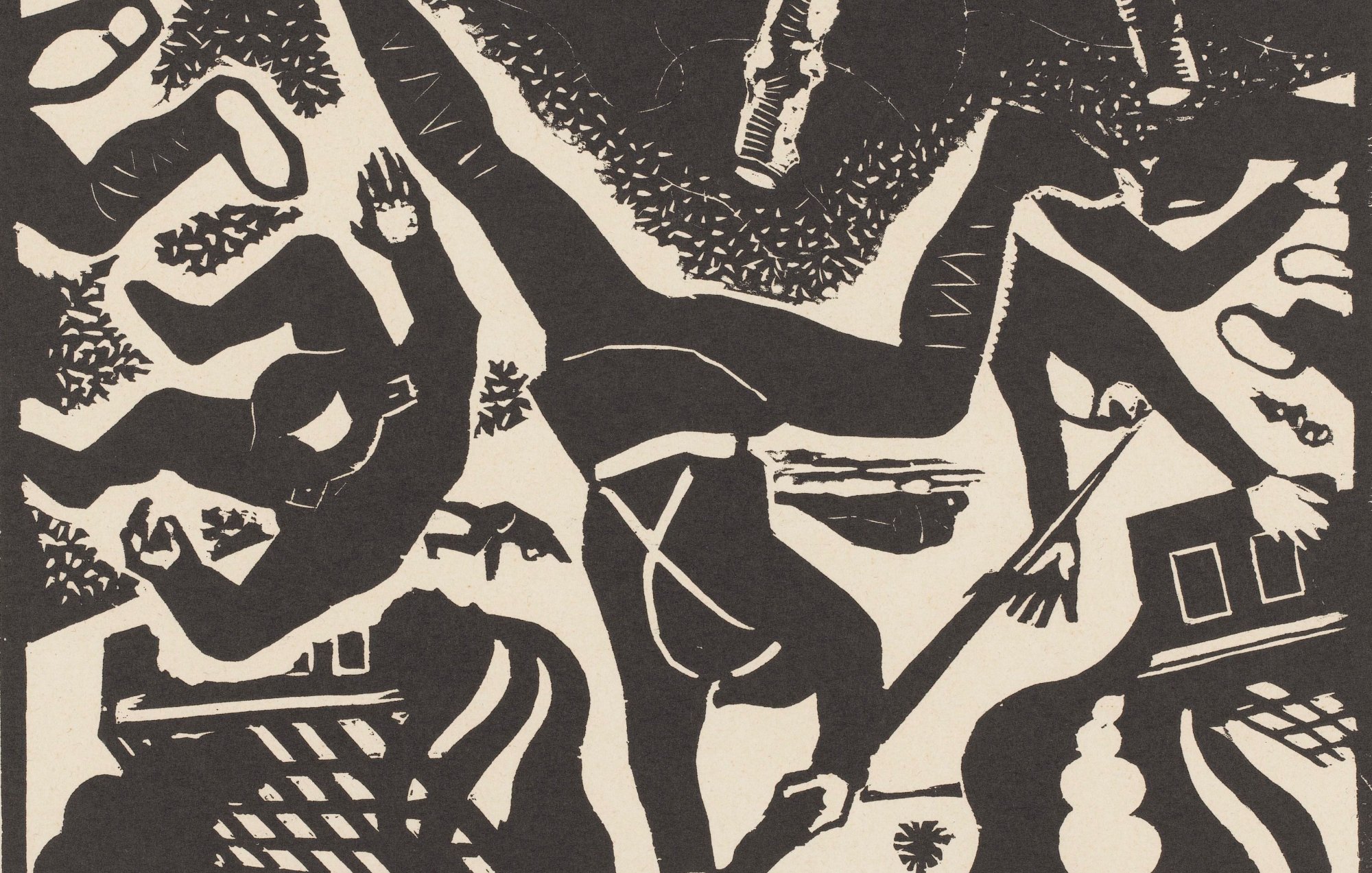 L'image présente une composition en noir et blanc, caractérisée par des formes stylisées et des silhouettes. On y voit des figures humaines et des éléments du quotidien, comme des chaussures et des bâtiments, qui semblent être disposés de manière désordonnée. Les formes abstraites et les gestes dynamiques des personnages créent une impression de mouvement et de tension. Le contraste entre le noir et le blanc accentue les contours et les détails, tandis que le fond minimaliste permet de se concentrer sur les éléments principaux de la scène.