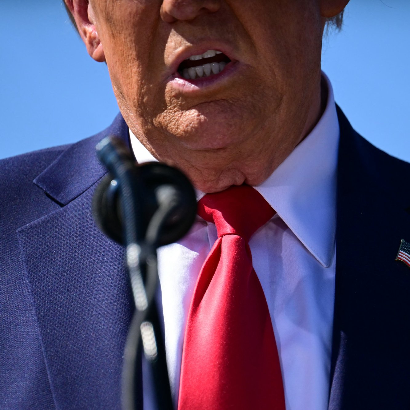 L'image montre principalement une partie supérieure du corps d'une personne, incluant sa bouche et son cou. La personne porte une chemise blanche sous un costume sombre, avec une cravate rouge. On peut également apercevoir un microphone devant elle. L'arrière-plan semble être un ciel bleu, suggérant un événement en extérieur.