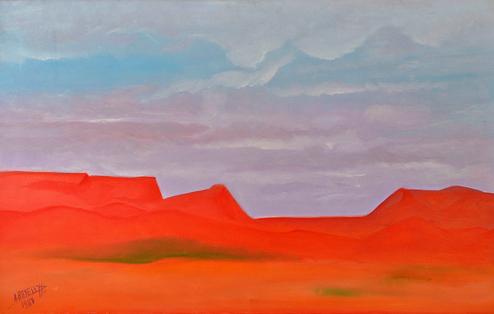 L'image présente un paysage abstrait dominé par des teintes rouges et orange. On distingue des collines ou des montagnes stylisées qui se découpent sur un ciel aux nuances de bleu, de gris et de violet. Le contraste entre les couleurs chaudes et froides crée une atmosphère à la fois vibrante et apaisante, laissant transparaître une sensation de calme et d'harmonie dans ce paysage minimaliste.