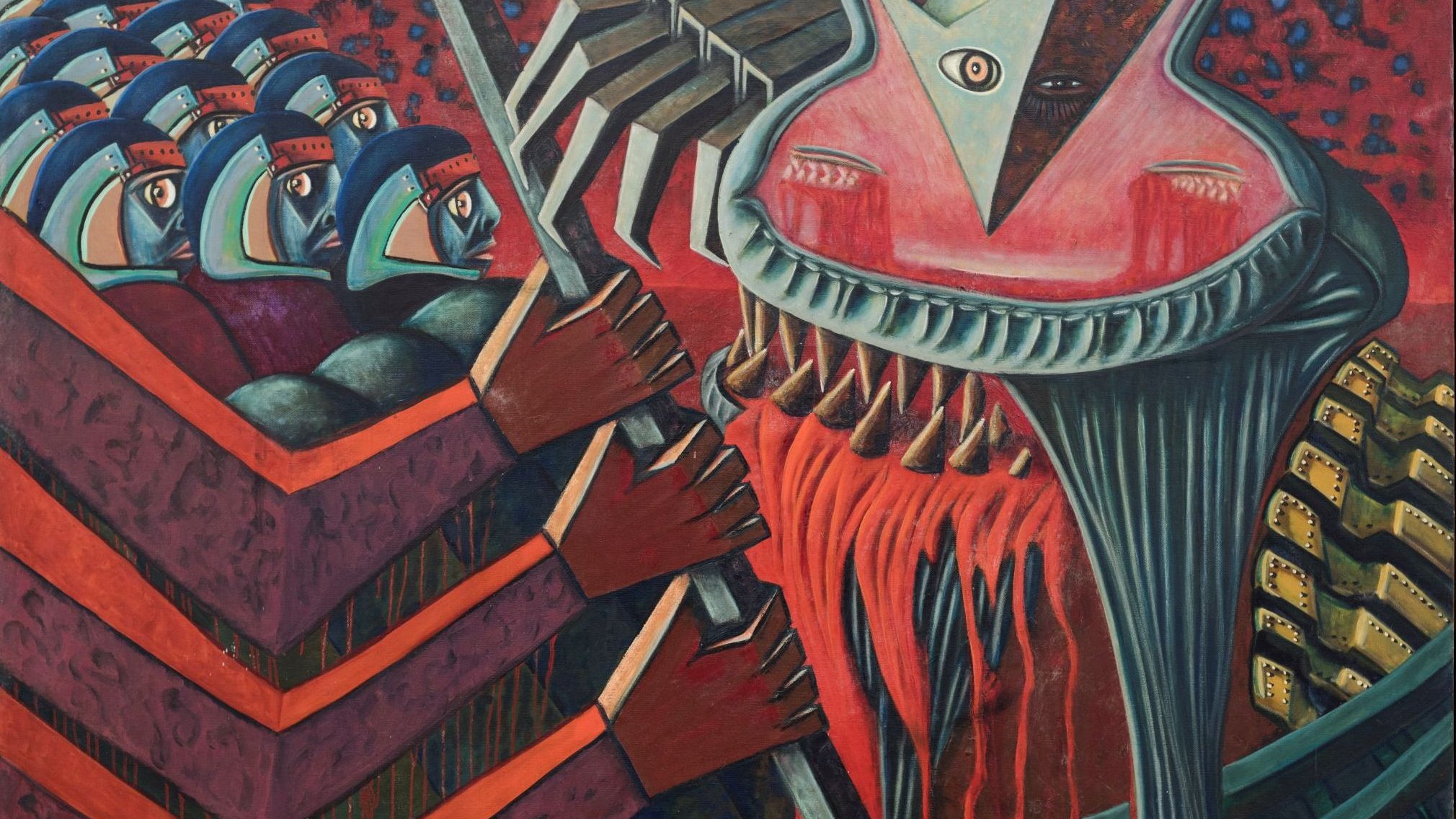 L'image présente une scène dynamique, caractérisée par des éléments stylistiques forts. On y voit plusieurs figures humaines sur la gauche, vêtues de costumes colorés et portant des casques, semblant se préparer à une confrontation. À droite, une créature fantastique ou un monstre, avec une grande tête triangulaire et un œil au centre, dégage une aura étrange et menaçante. Ses membres et sa forme sont exagérés, ce qui crée un contraste saisissant avec les personnages humains. Les couleurs utilisées sont vives et profondes, ajoutant à l'intensité émotionnelle de la scène. L'ensemble évoque une lutte symbolique ou un conflit.