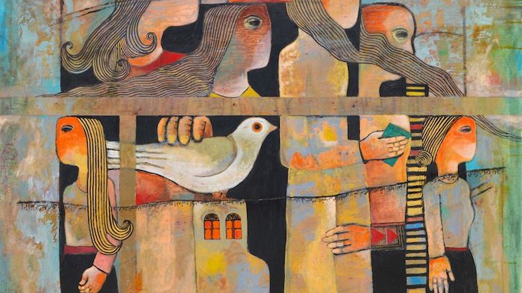 L'image représente une composition artistique où plusieurs figures humaines sont disposées de manière stylisée. Les personnages semblent exprimer des émotions variées, avec des cheveux longs et des traits graphiques. Au centre, une figure tient une colombe blanche, symbolisant probablement la paix. L'arrière-plan est coloré, avec des tons bleus et des motifs géométriques, ce qui ajoute une dimension vivante à l'œuvre. Les détails des vêtements et des postures créent une atmosphère à la fois énigmatique et expressive.