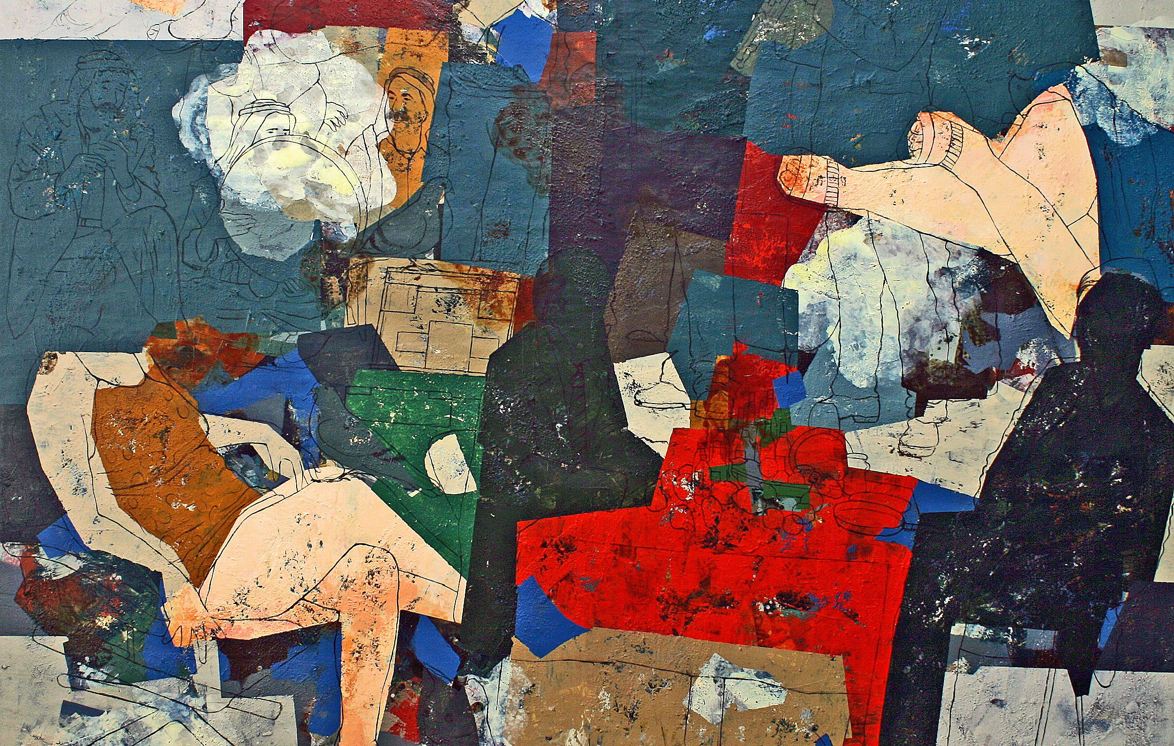 Cette image semble être une œuvre abstraite qui mélange différentes formes et couleurs. On y voit des figures humaines stylisées, partiellement dénudées, intégrées dans un collage de textures et de motifs. Les tons de bleu, vert, rouge et beige se mêlent, créant un contraste visuel fort. L'ensemble évoque une sensation de mouvement et d'interaction, tout en laissant place à l'interprétation personnelle du spectateur.