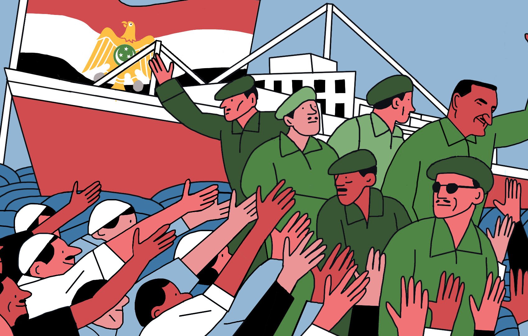 تصویر نشان‌دهنده یک صحنه تاریخی است که در آن گروهی از نظامیان به سمت جمعیتی برخوردار از لباس‌های معمولی و سفید در حال حرکت هستند. نظامیان در Uniform سبز رنگ هستند و در حالی که به سمت جمعیت دست تکان می‌دهند، نشان‌دهنده ارتباط نزدیک میان آنها و مردم است. در پشت سر آن‌ها، یک کشتی با پرچم مصر قابل مشاهده است. زمینه تصویر آبی است و حال و هوای جشن یا ابراز خوشحالی را القا می‌کند. 